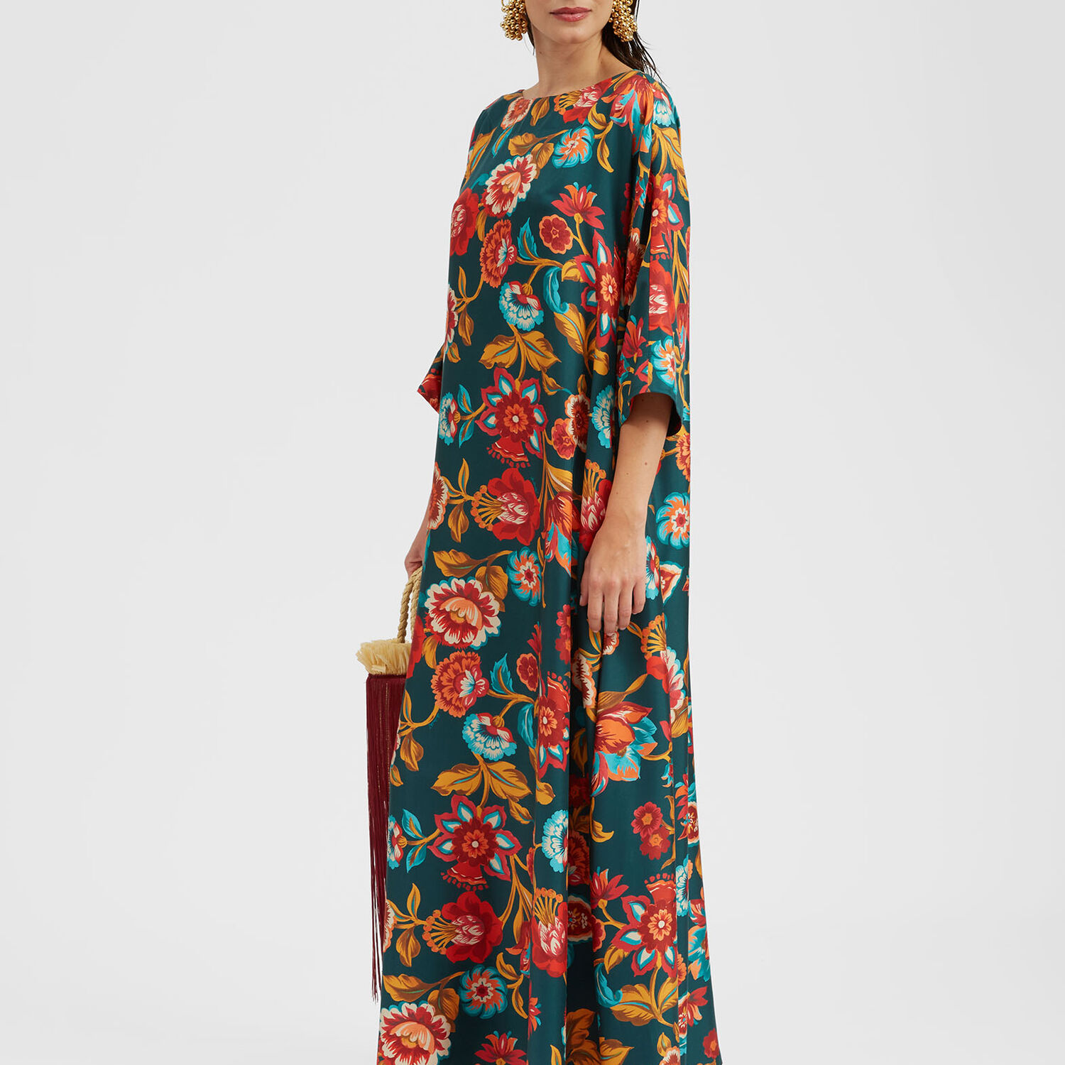 La Doublej Muumuu Floral-print Silk-twill Maxi Dress In Hottie Emerald