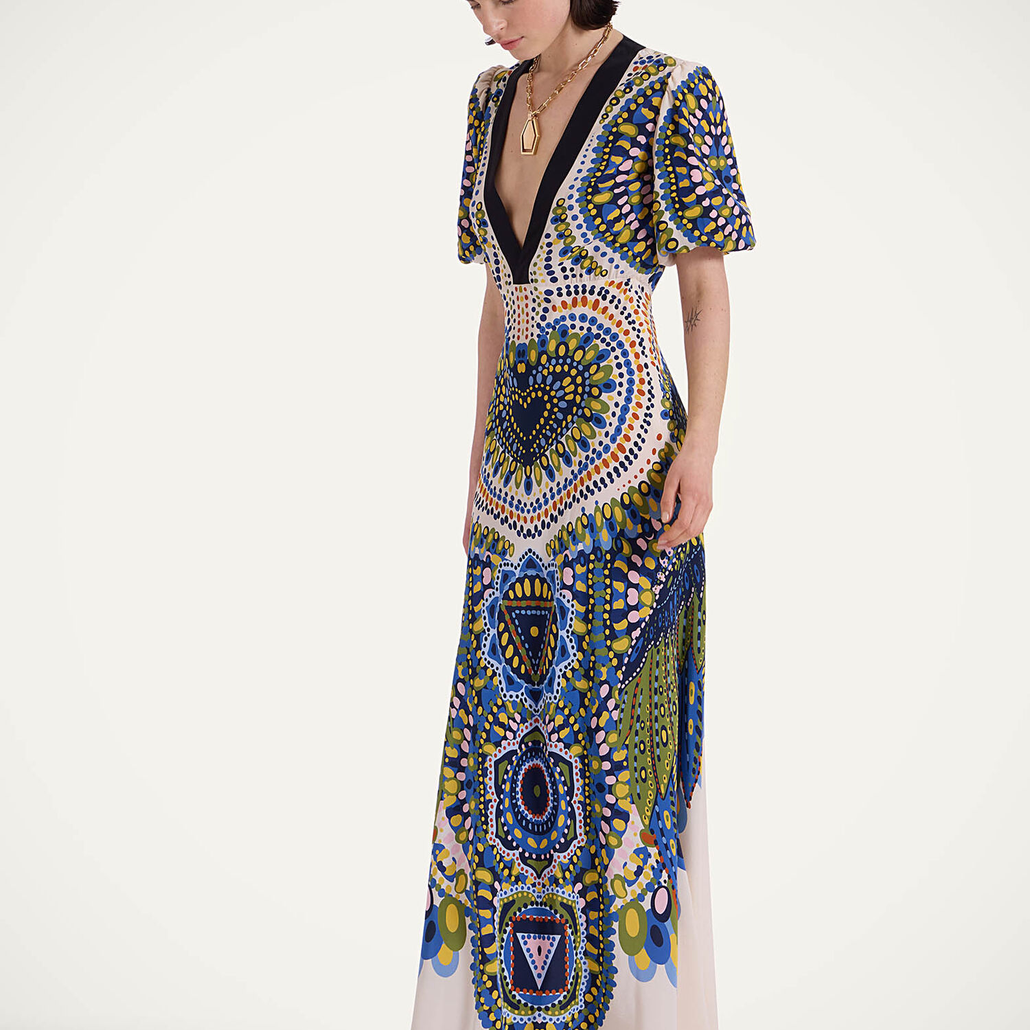 La Doublej Marlene Multicolor Long Flared Dress With V Neck And All-over Graphic Print In Silk Woman In Chakra Placée Multicolor