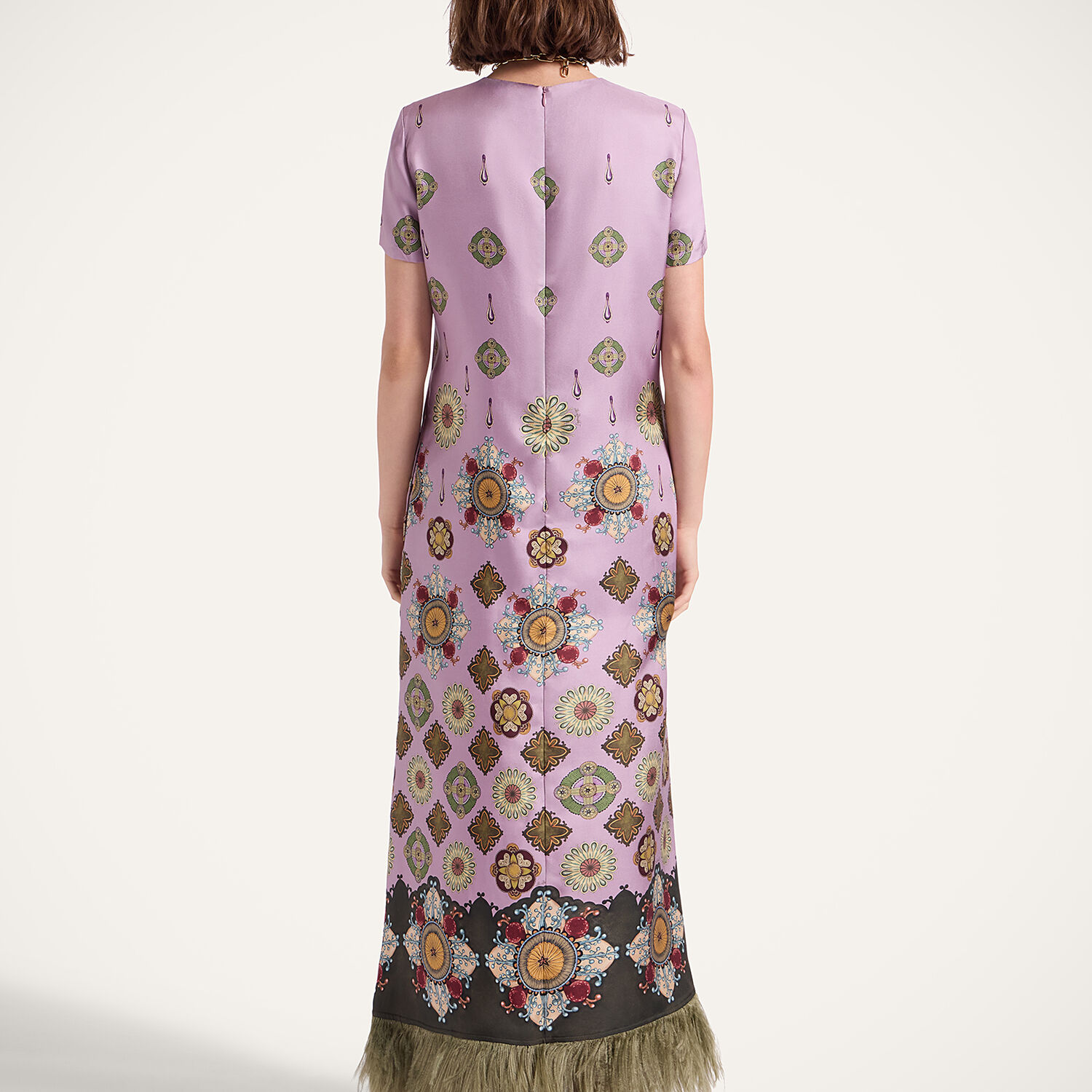 La Doublej Swing Feather-trimmed Printed Silk-twill Maxi Dress In Pink