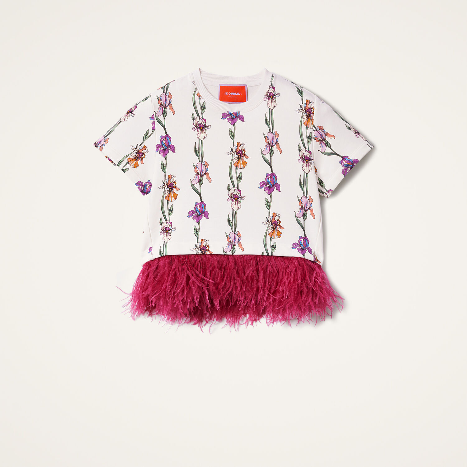 La Doublej La Scala Feather-trimmed Cotton Top In Mini Iris Ivory