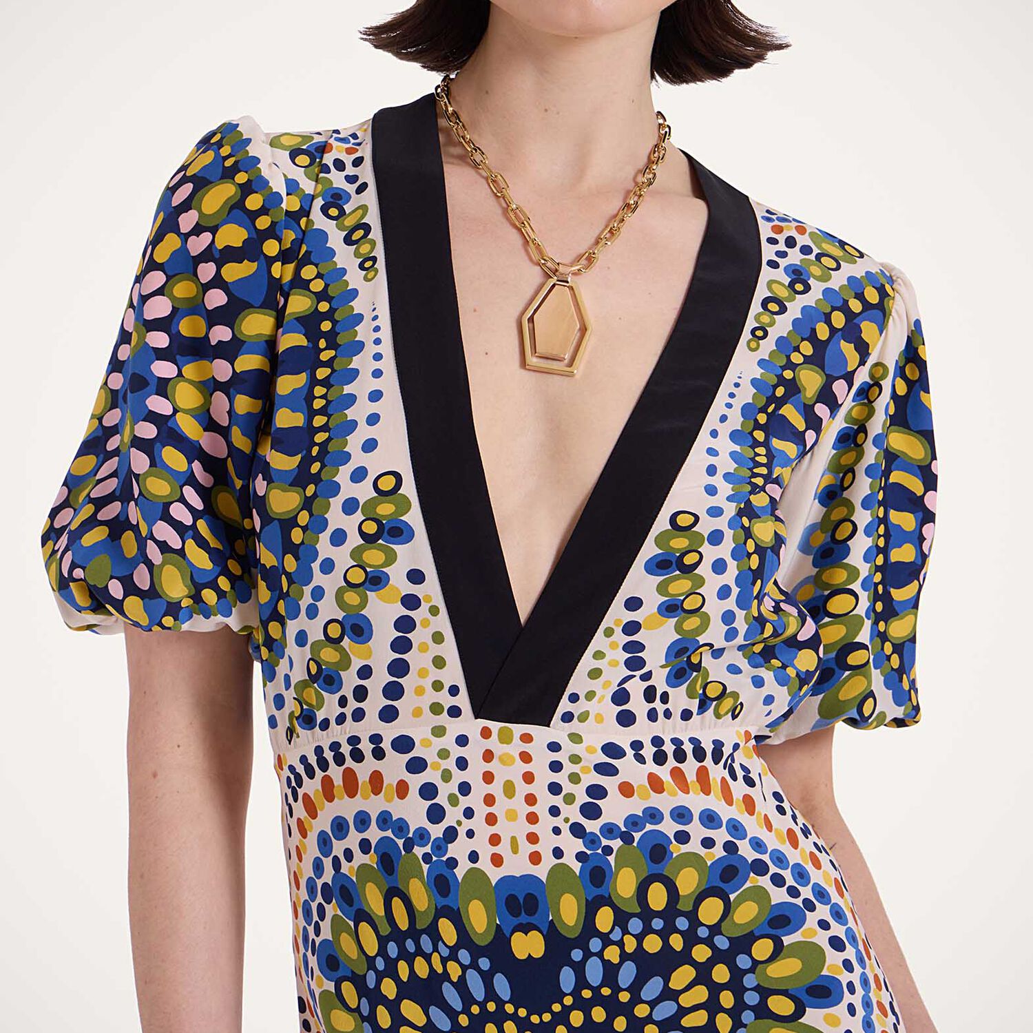 La Doublej Marlene Multicolor Long Flared Dress With V Neck And All-over Graphic Print In Silk Woman In Chakra Placée Multicolor