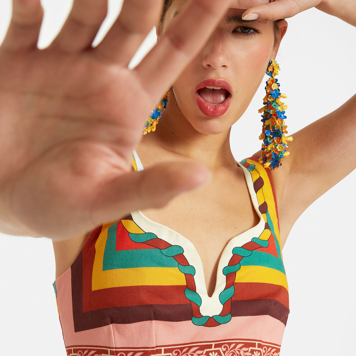 La Doublej Baia Placed Abstract-print Crop Top In Macro Tiles Placed
