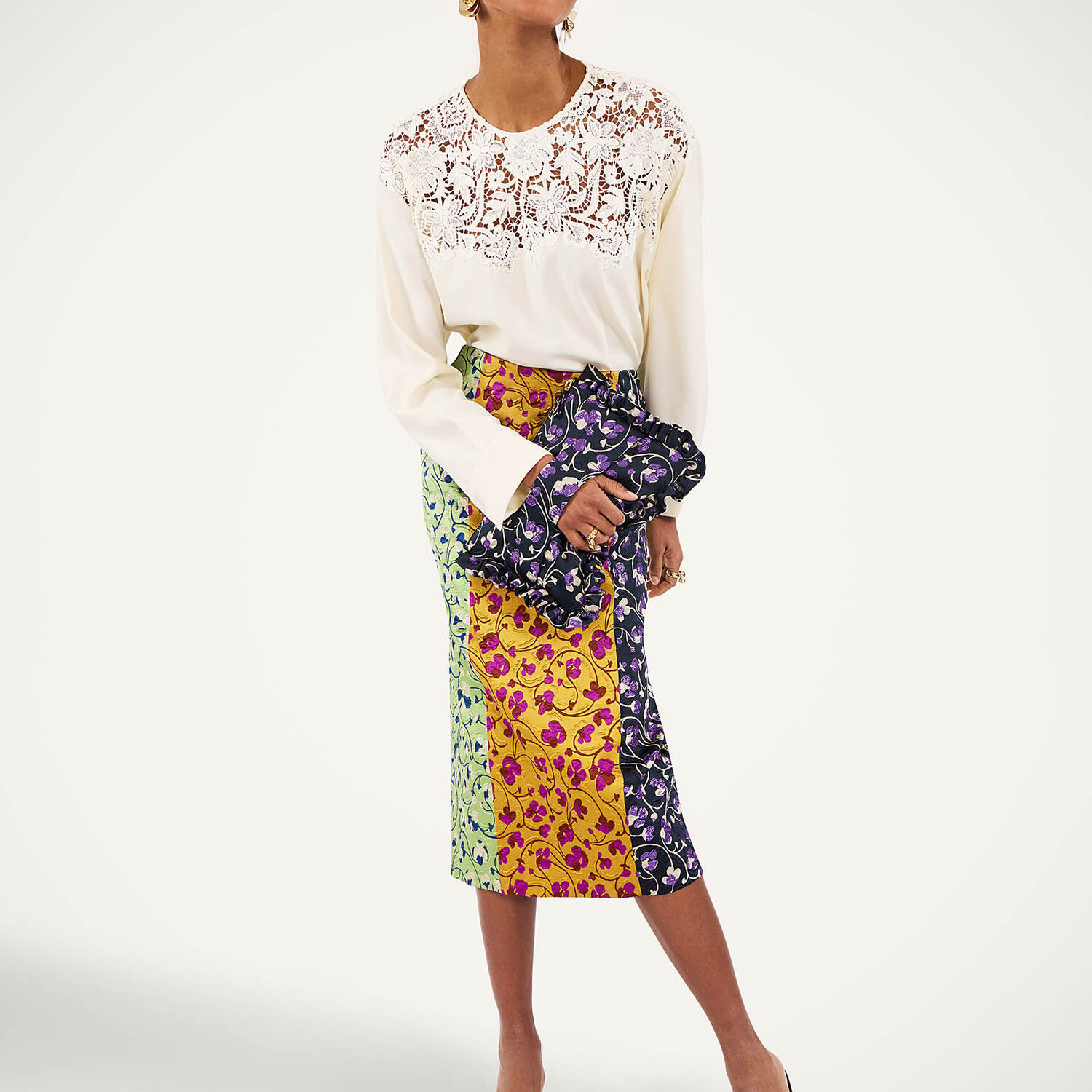  La Doublej Skirts Women - Pencil Skirt Honeysuckle Tricolor Yellow M 88% Polyester 7% Silk 5% Polyamide 
