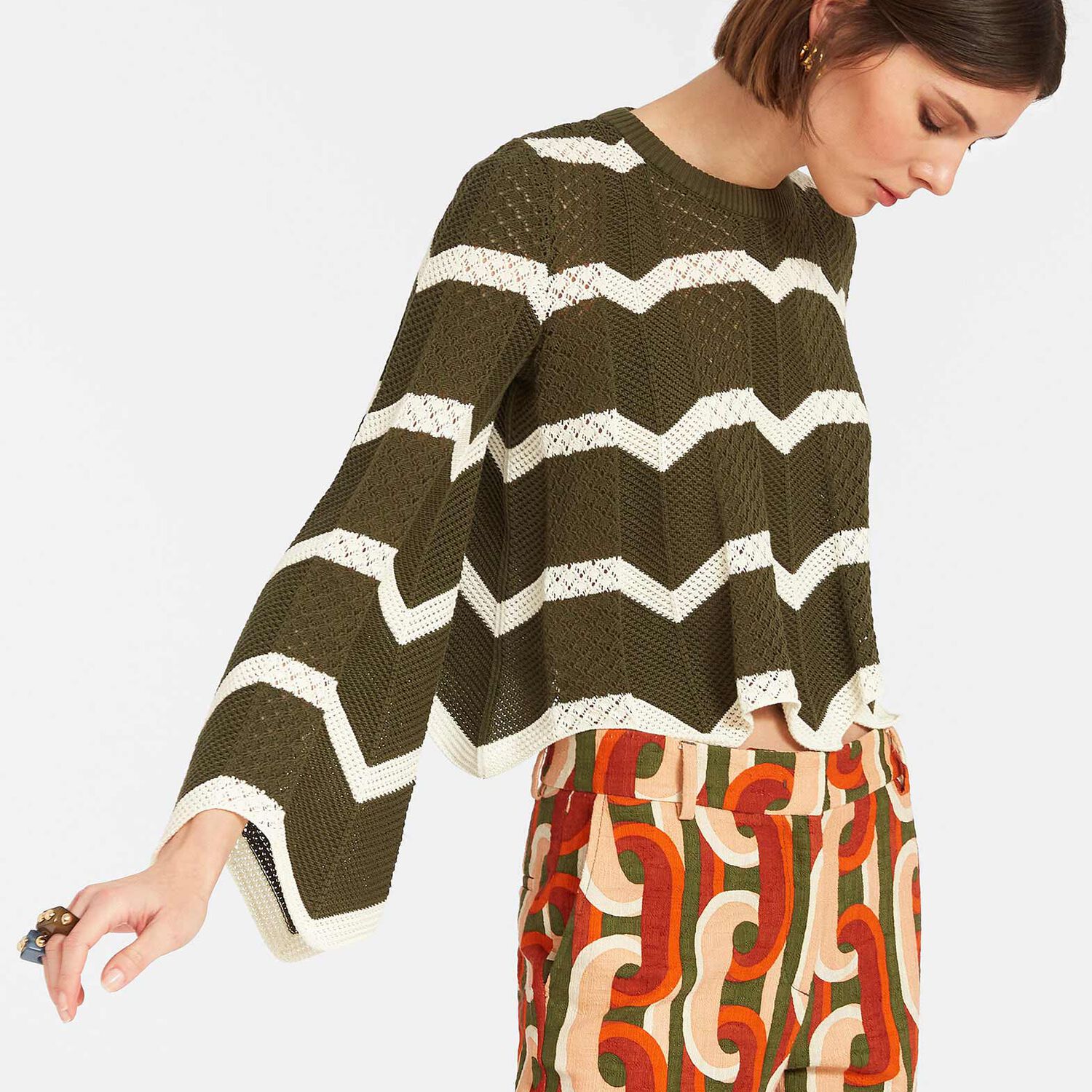 La Doublej Chevron Crop Sweater In Solid Camouflage
