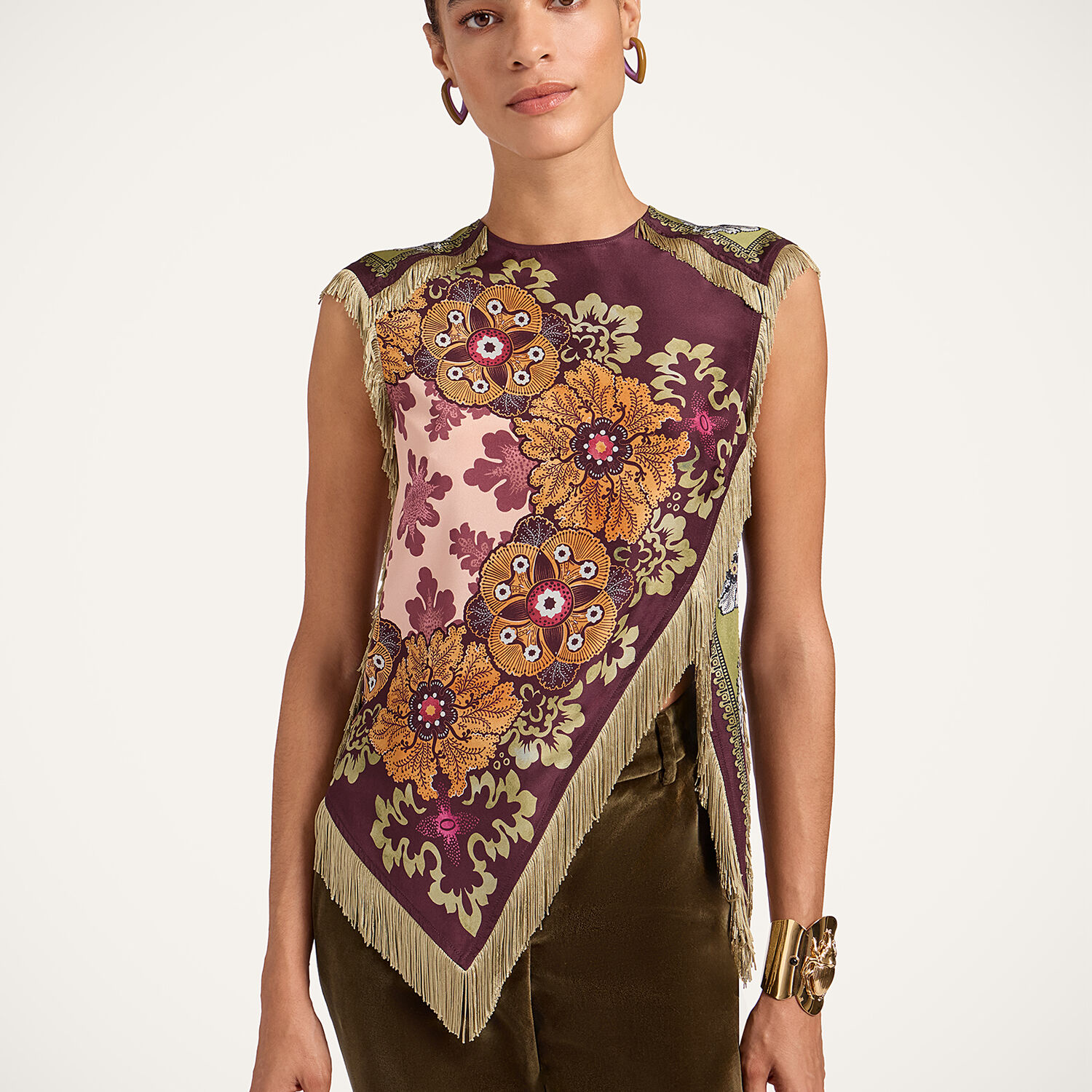 La Doublej Floral-print Fringed Scarf Top