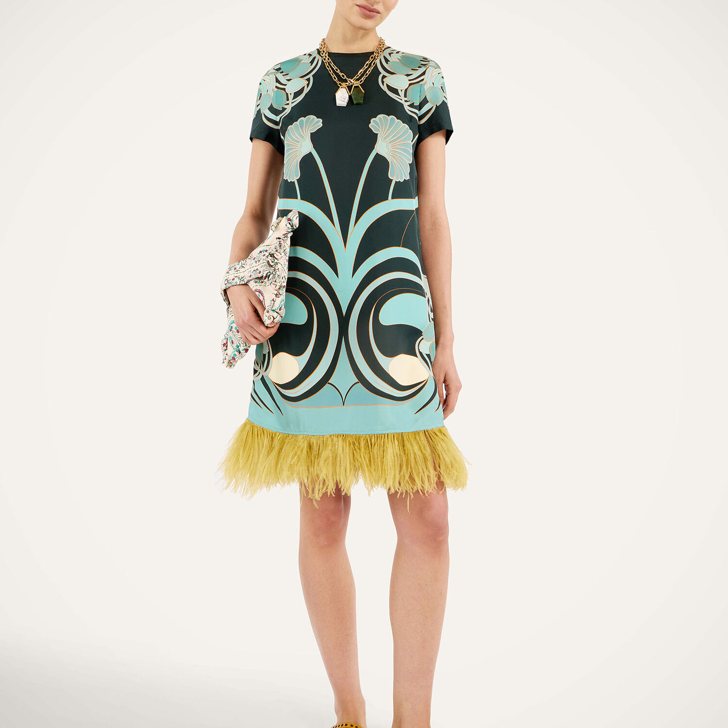  La Doublej Dresses Gend - Mini Swing Dress Blooming Tulip Placée Dark Green L 98% Silk 2% Ostrich Feathers 
