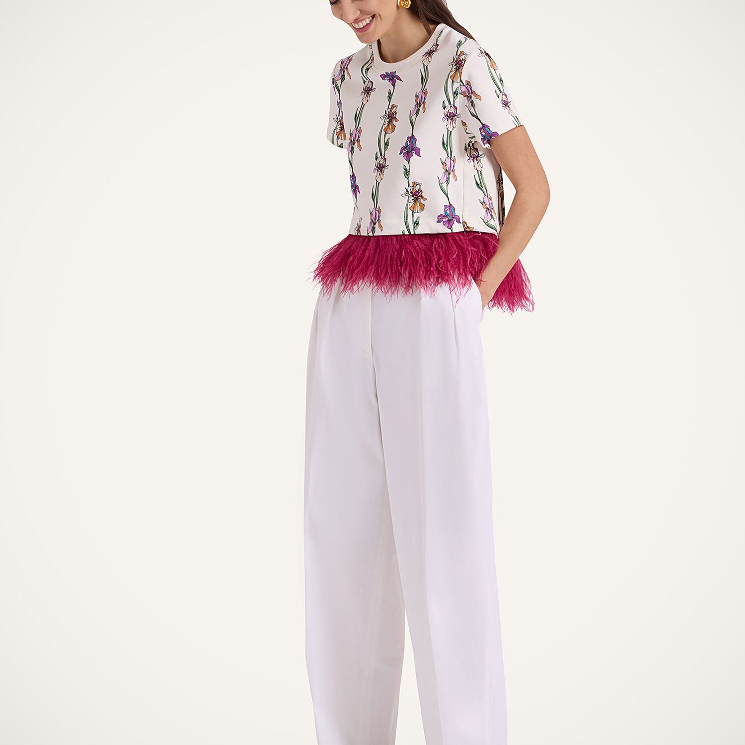 La Doublej La Scala Feather-trimmed Cotton Top In Mini Iris Ivory