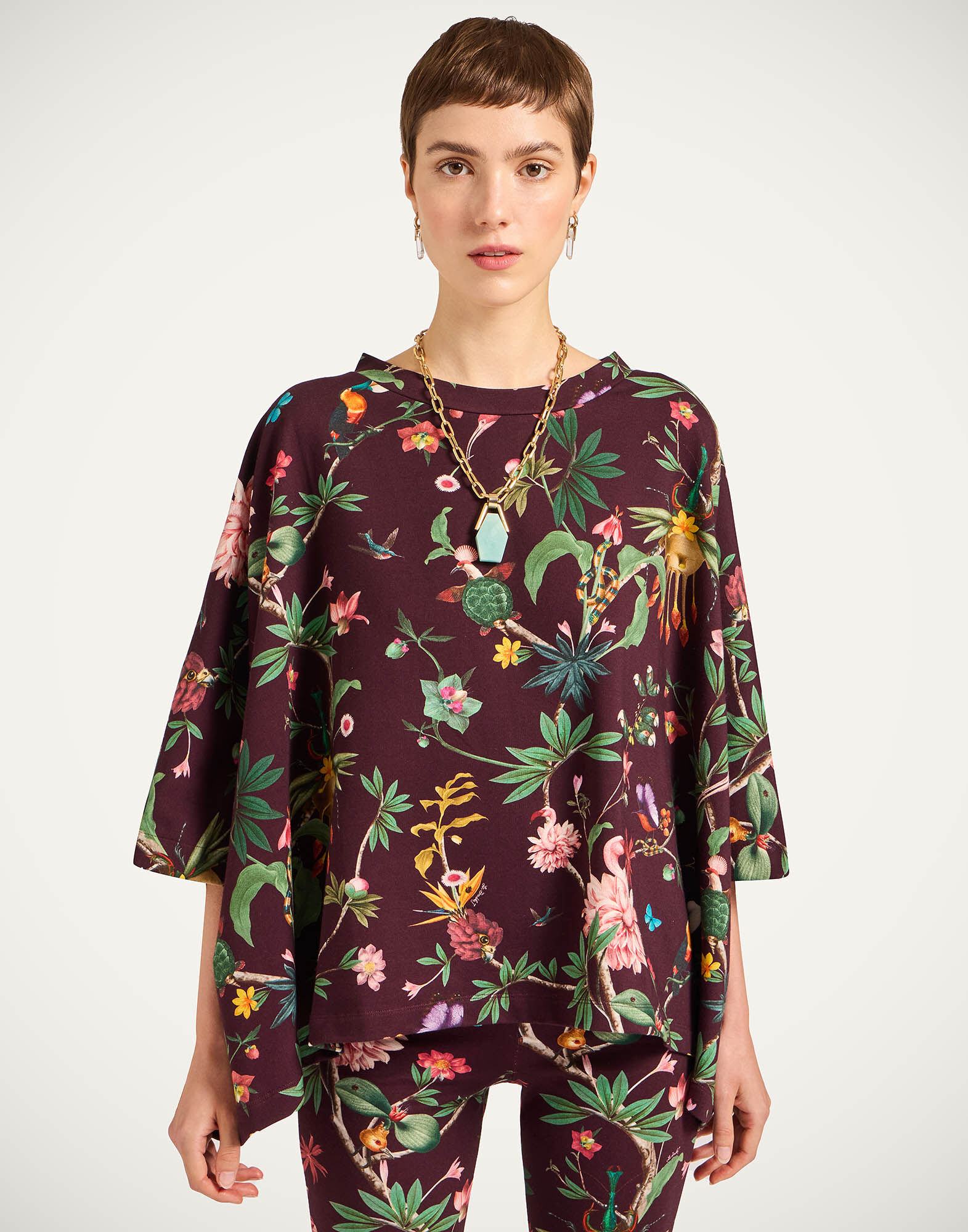 La DoubleJ Meditation Poncho Zooflora Burgundy TOP0055JER020ZOF02RE02