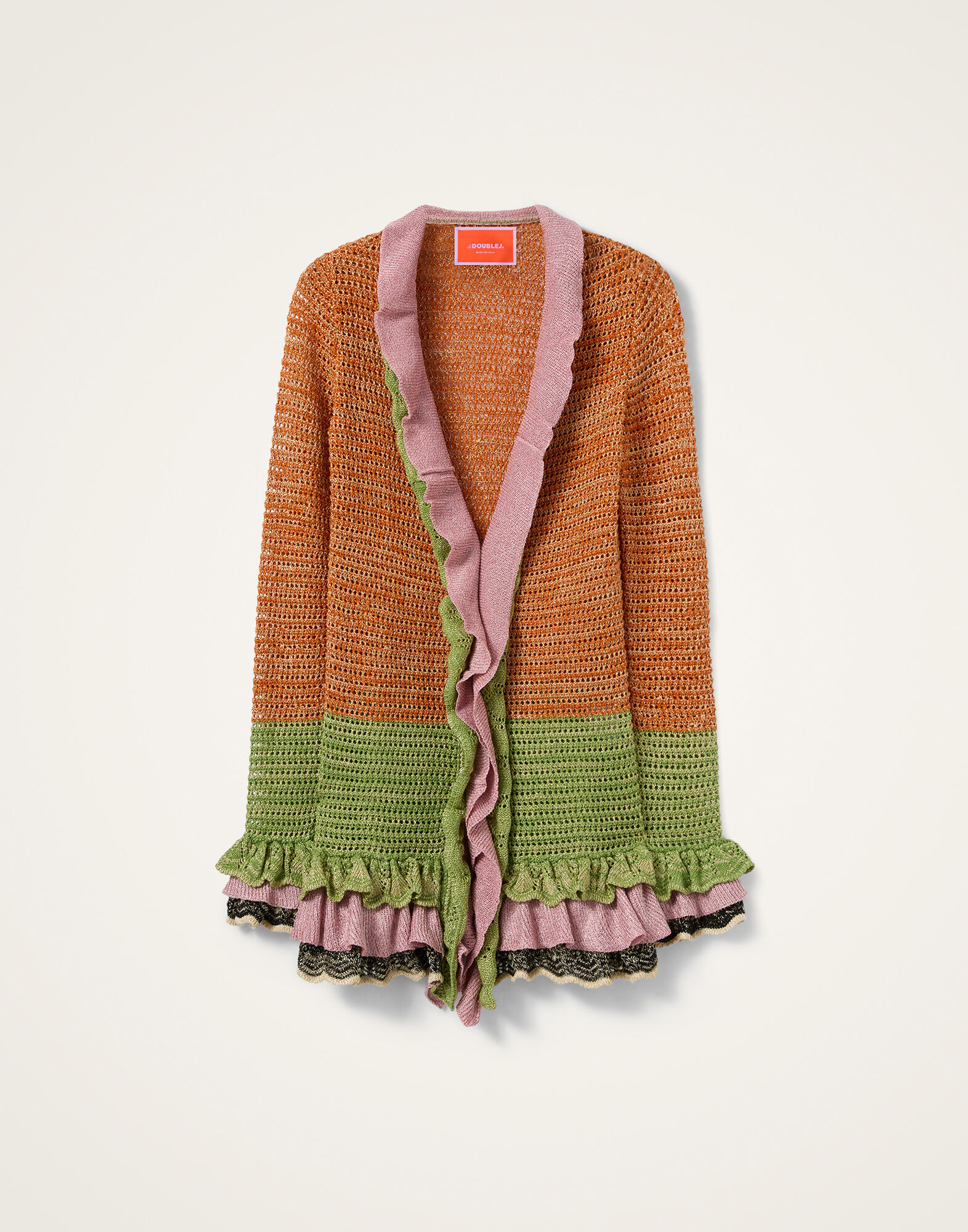 La DoubleJ Eight Counts Cardigan Color Block Orange & Green PUL0349KNI199VA467OR02