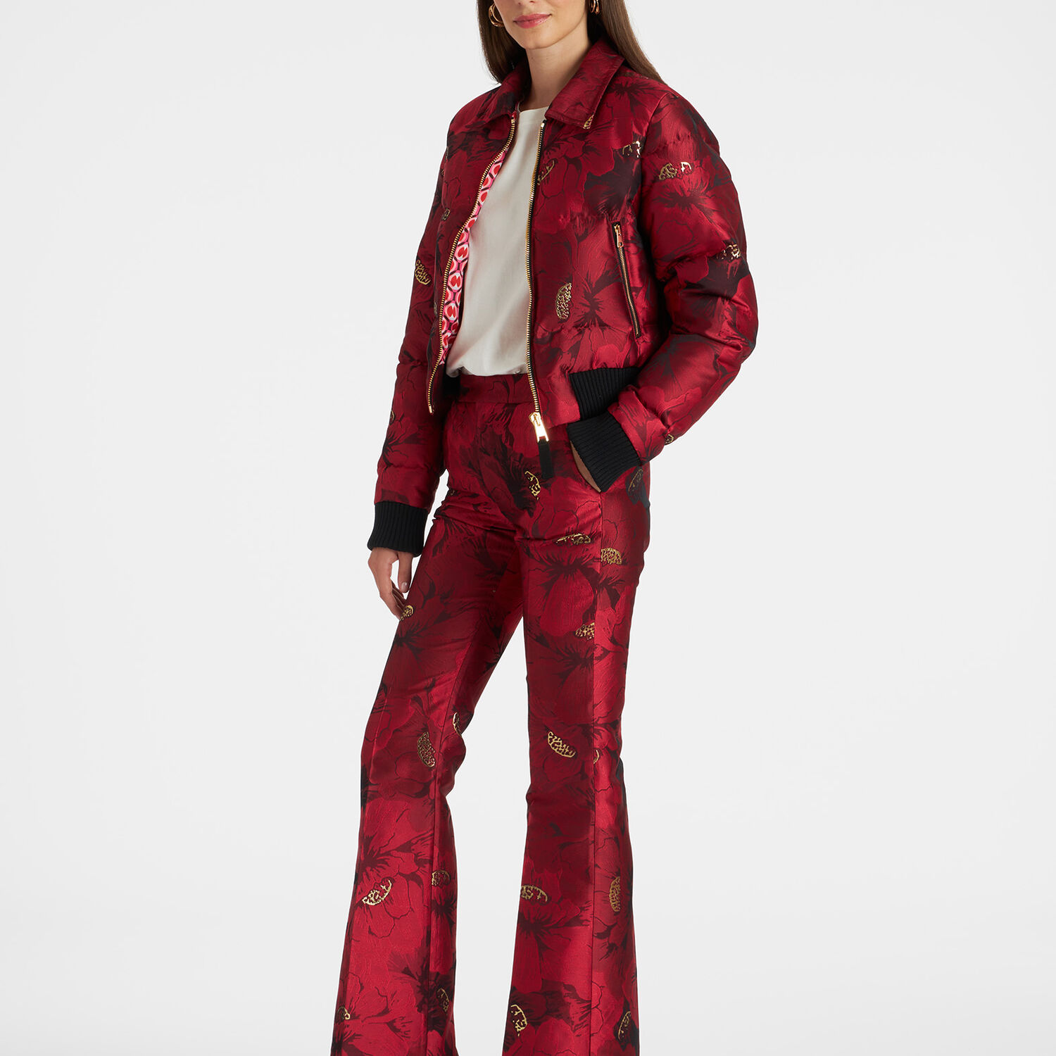 La Doublej La Comasca Floral-jacquard Bomber Jacket In Ruby_red