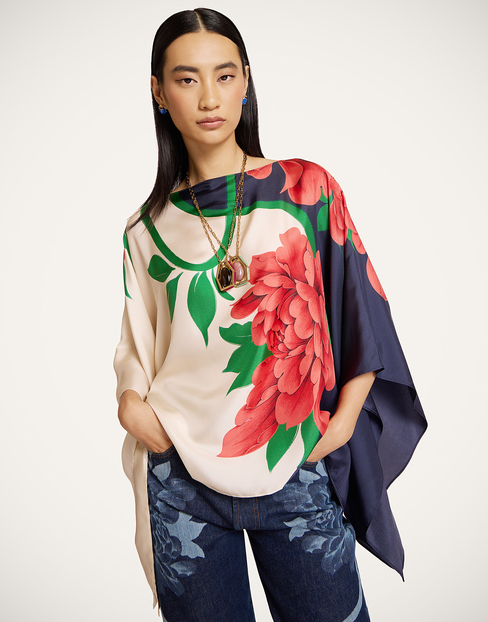 La DoubleJ Foulard Top Queen Peony Plac&eacute;e Blue TOP0195SIL029QPE02BU03