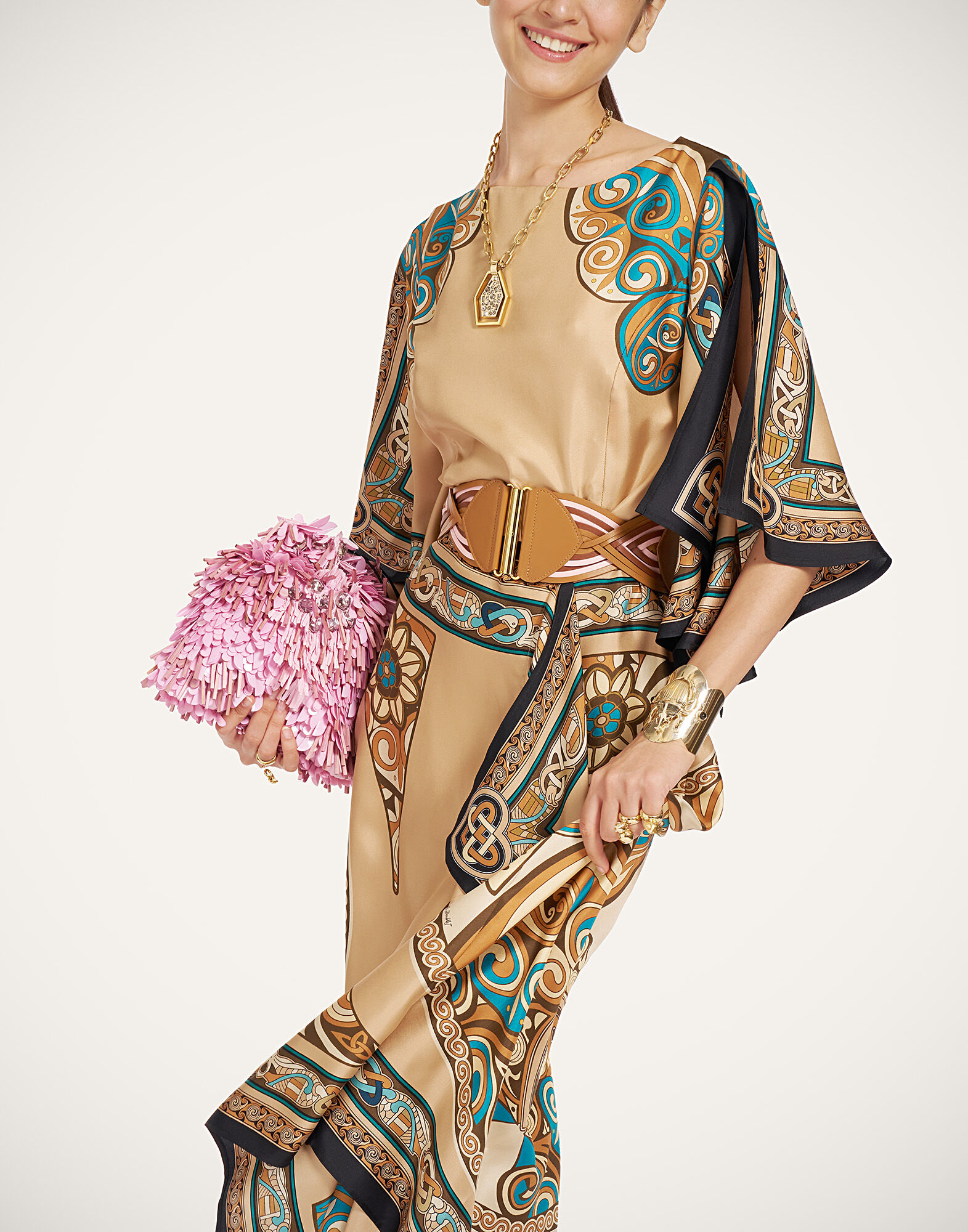 La DoubleJ Foulard Dress Kells Plac&eacute;e Camel DRE1127SIL029KEL03BR04