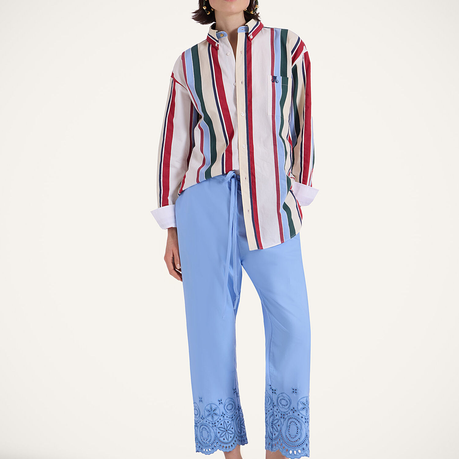 La Doublej Broderie Anglaise Cotton-blend Poplin Straight-leg Pants In Eclipse Light Blue