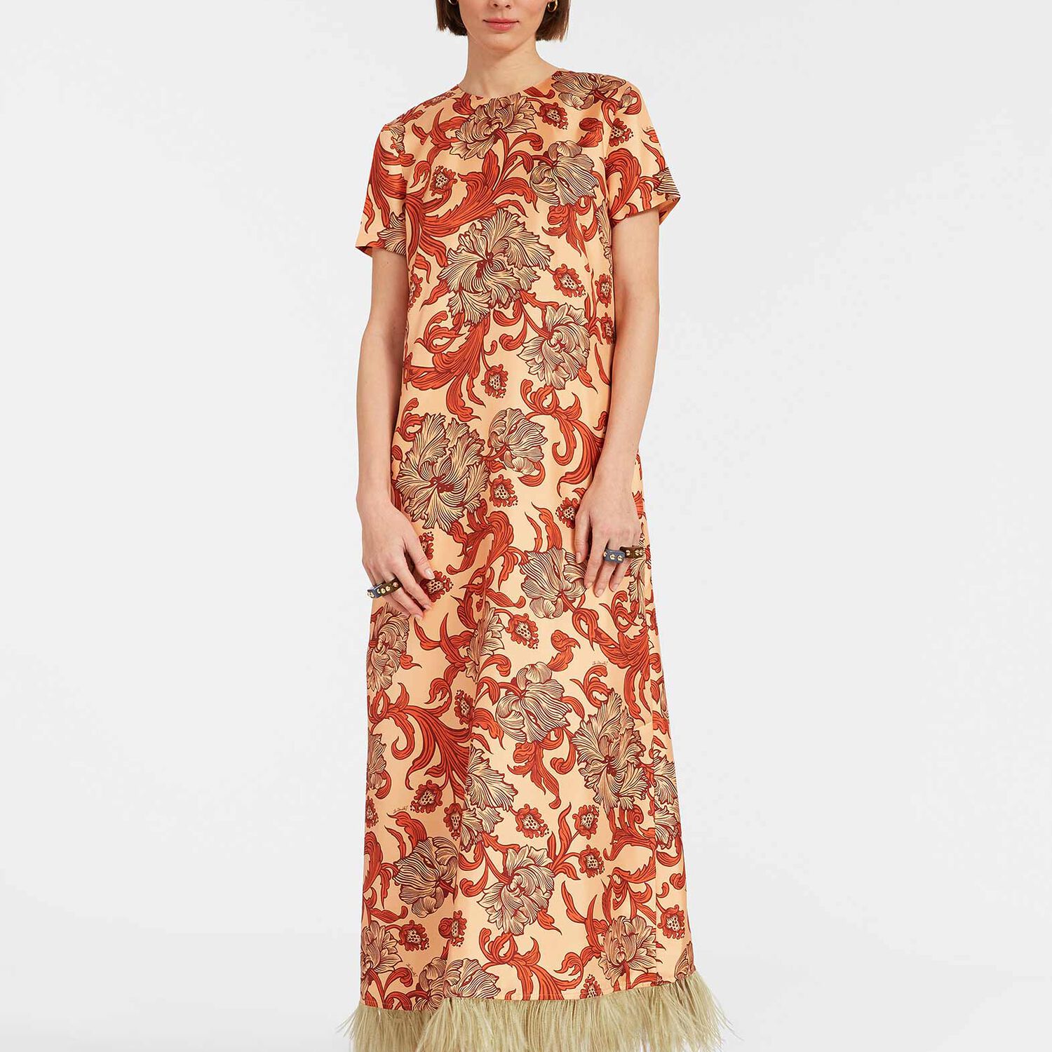 La Doublej Swing Feather-trimmed Printed Silk-twill Maxi Dress In Reef Pale Pink
