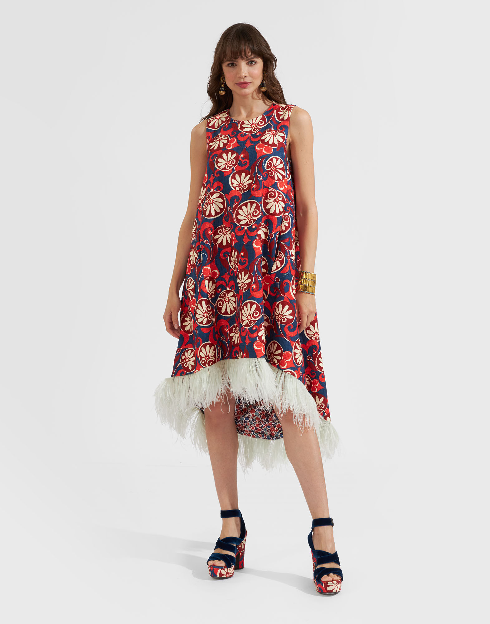 La DoubleJ La Scala High Dress (With Feathers) Moonflower Navy DRE0211COT005MOO01BU06