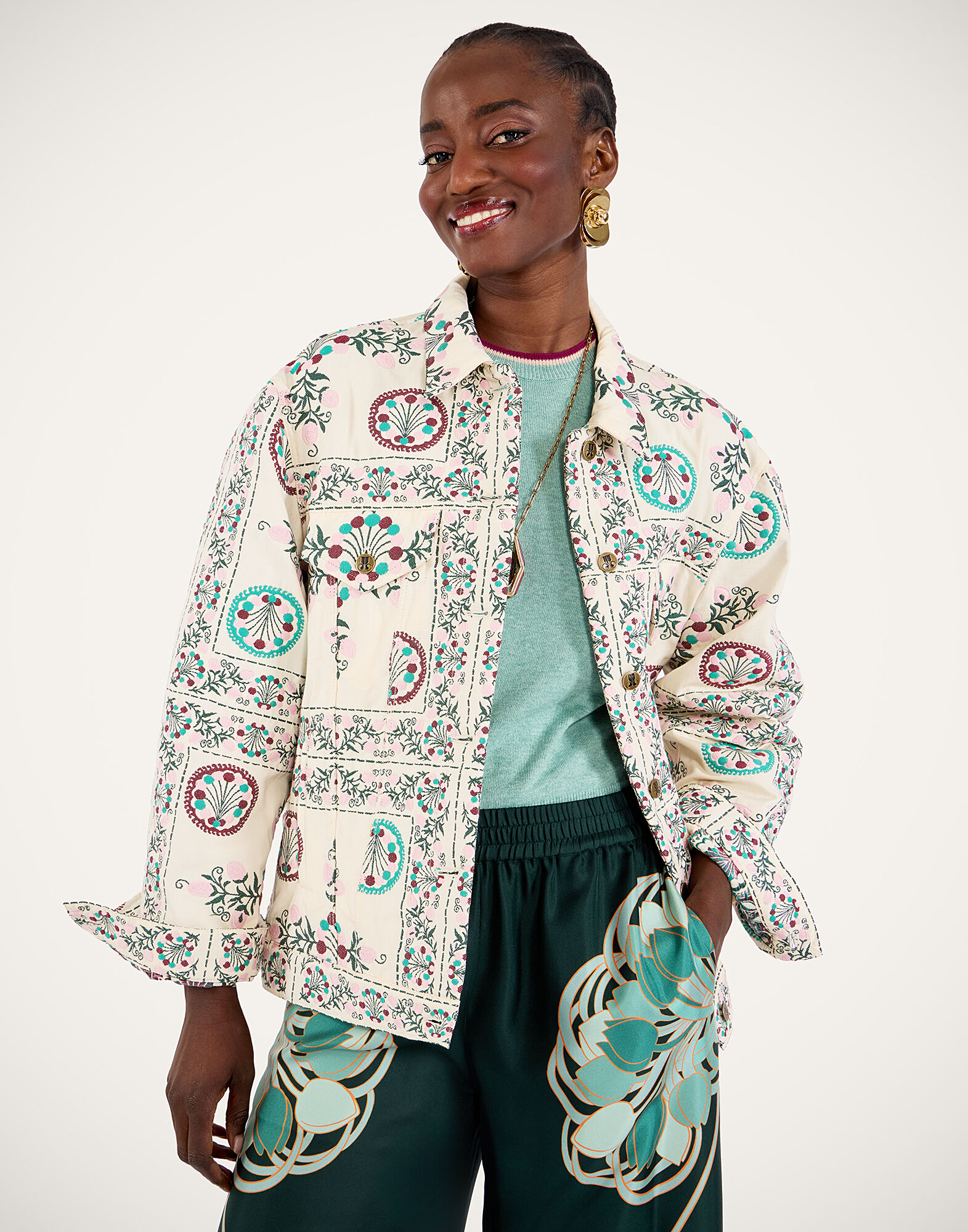 La DoubleJ The Oversized Jean Jacket Florette Tiles Ecru JAC0190JCQ137FLO09BR05