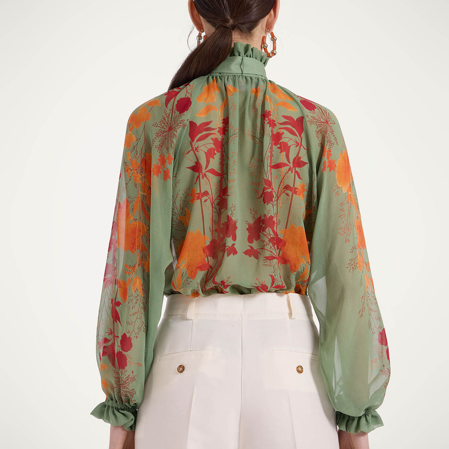 La Doublej La Double J High-neck Silk Shirt With Floral Print In Woodland Placée Camouflage