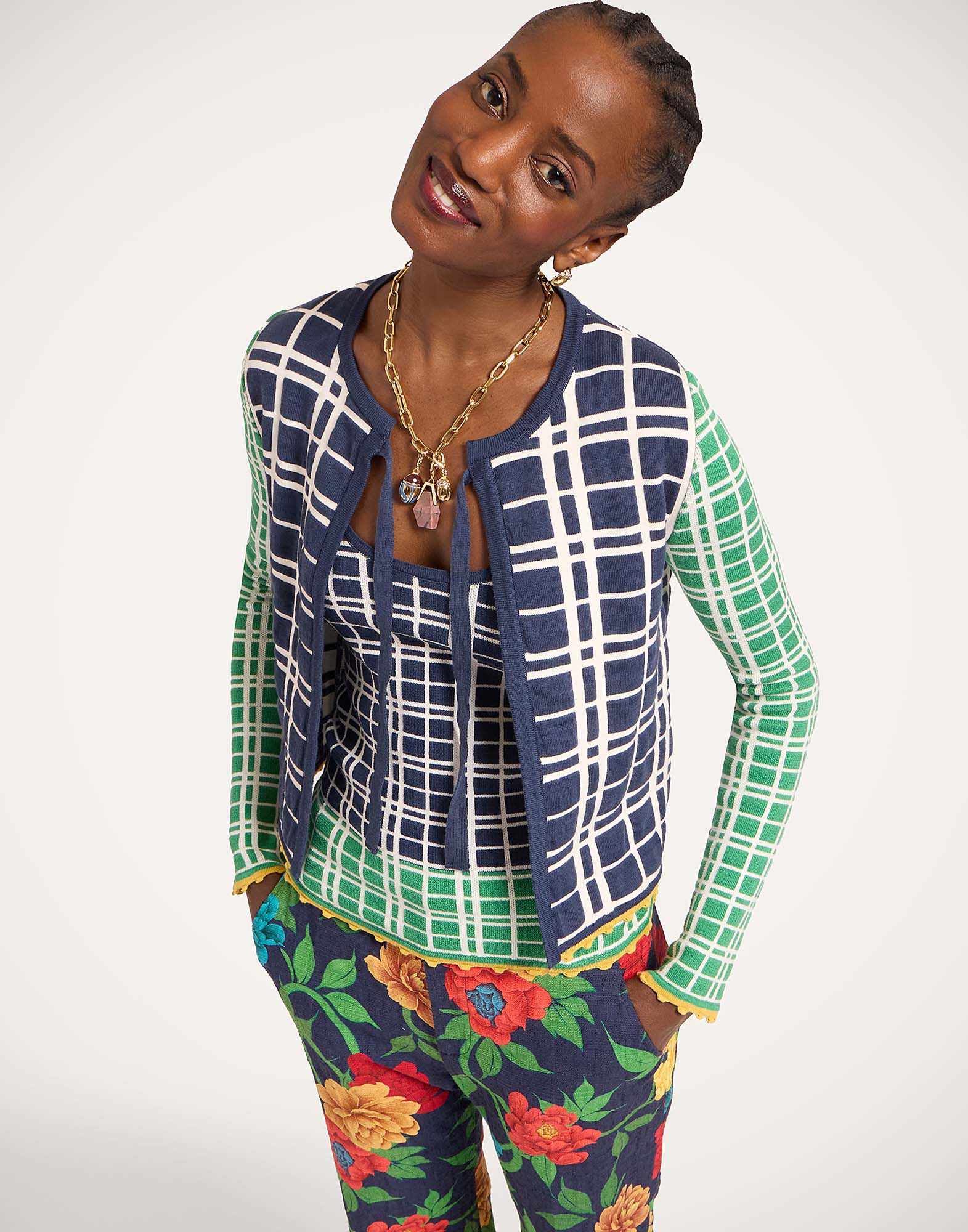 La DoubleJ Check Me Cardigan Multicolor Navy Blue & Green PUL0354KNI202VA477BU03