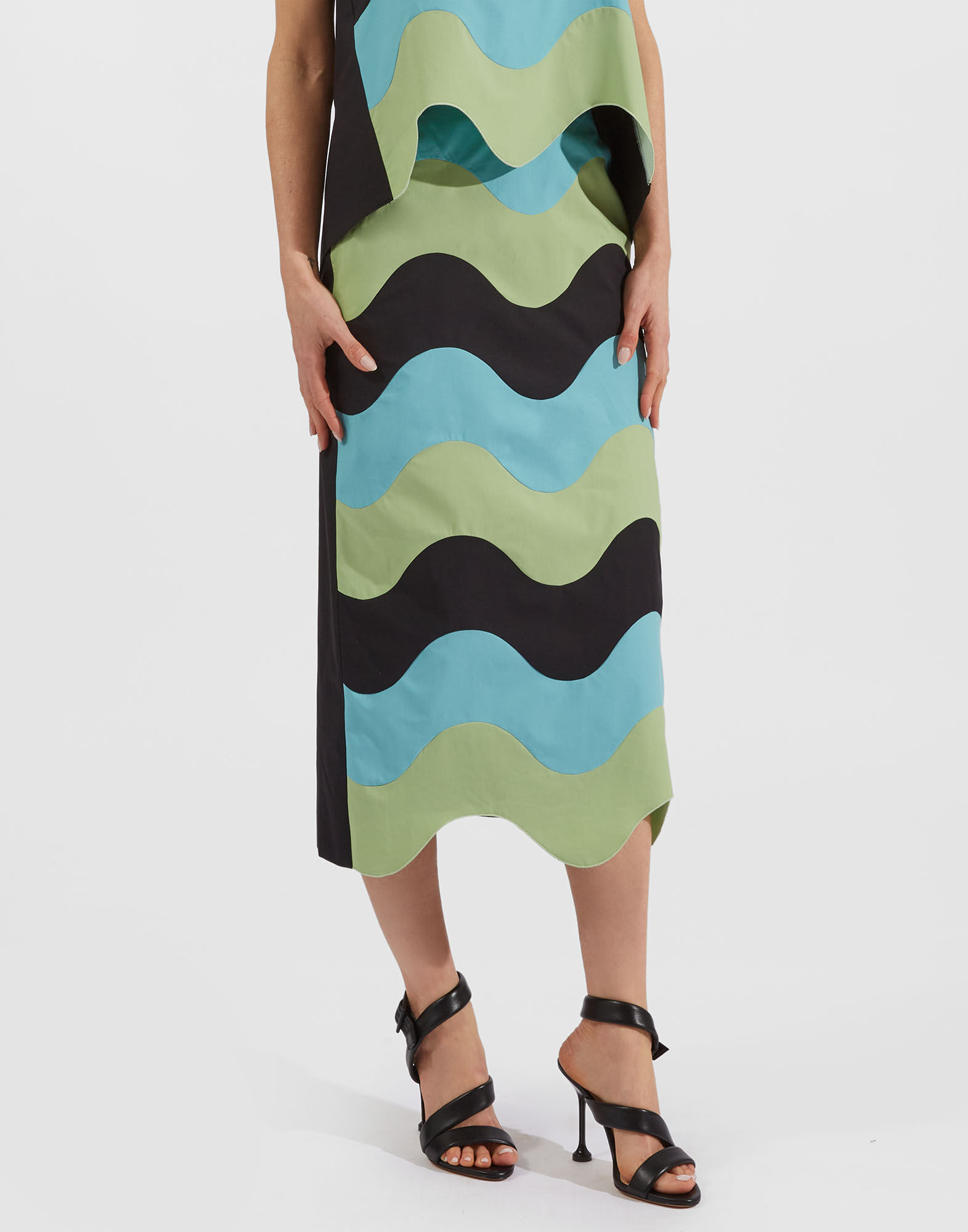 La DoubleJ Pencil Skirt Intarsio Waves Color Block Nero SKI0083COT043CLB05BL01