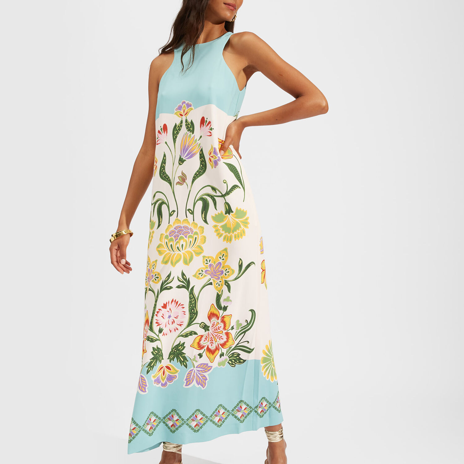 La Doublej Racer Floral Placed-print Maxi Dress In Folk Flowers Azzurro Placée