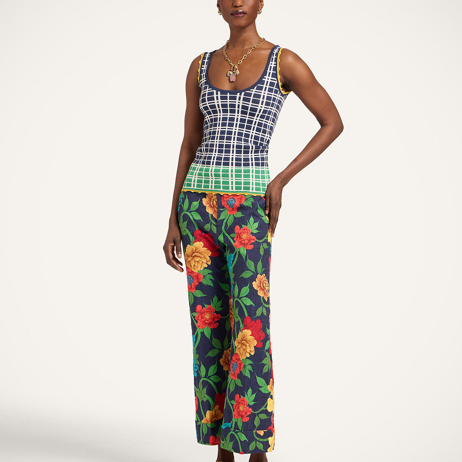  La Doublej Knitwear Women - Check Me Cami Multicolor Navy Blue & Green M 50% Cotton 35% Viscose 15% Polyester 