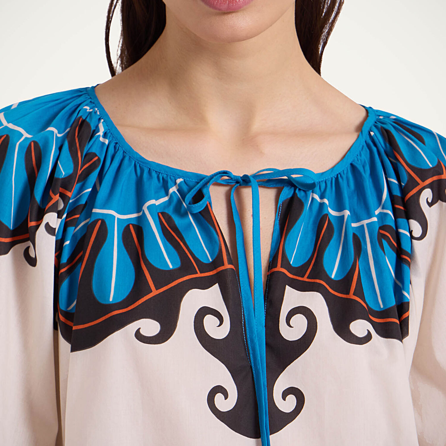 La Doublej Boho Tie-detailed Printed Cotton Peplum Blouse In Pacific Placée Blue Petrol