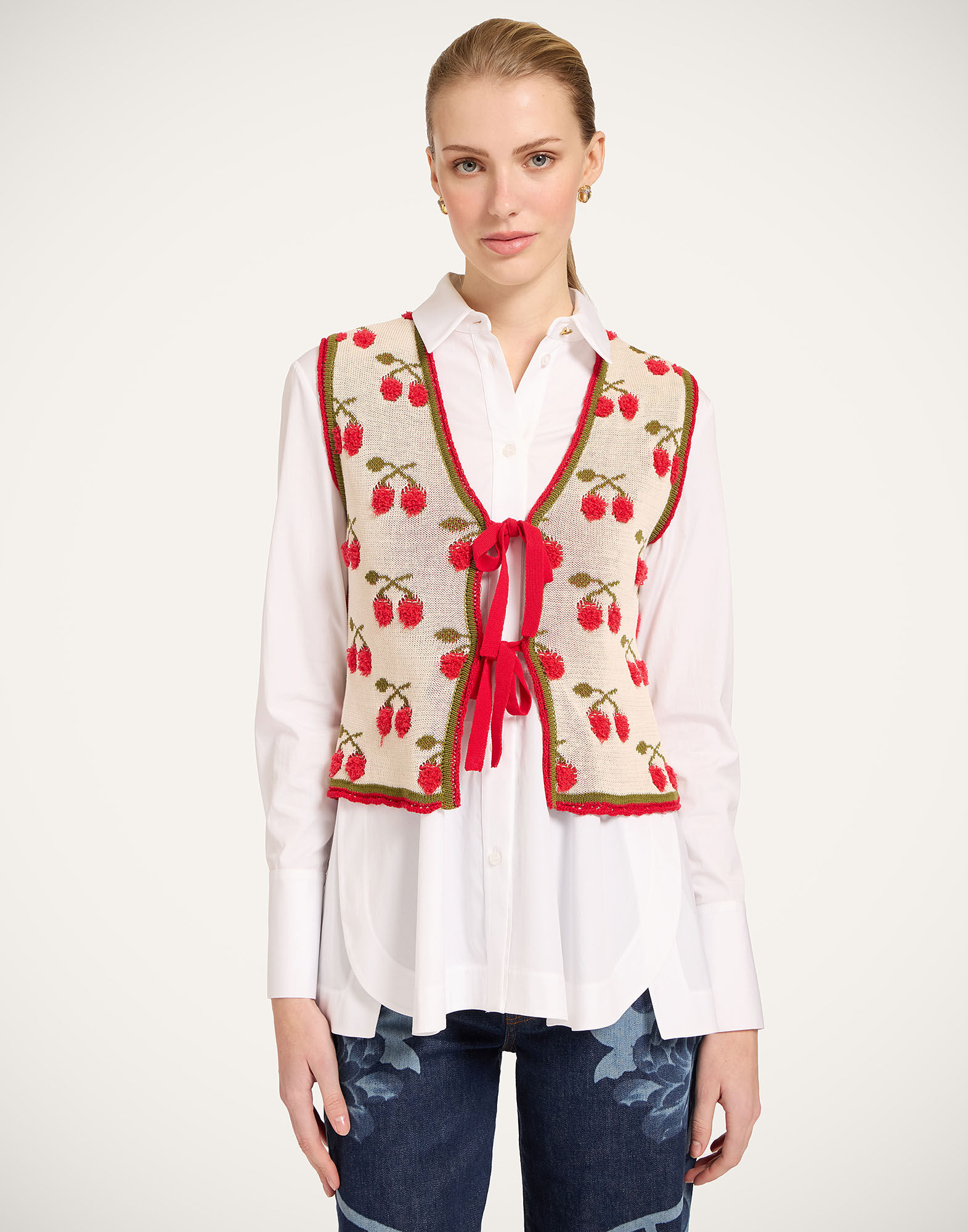 La DoubleJ Cherry Gilet Multicolor Ecru & Red PUL0357KNI204VA482BR05