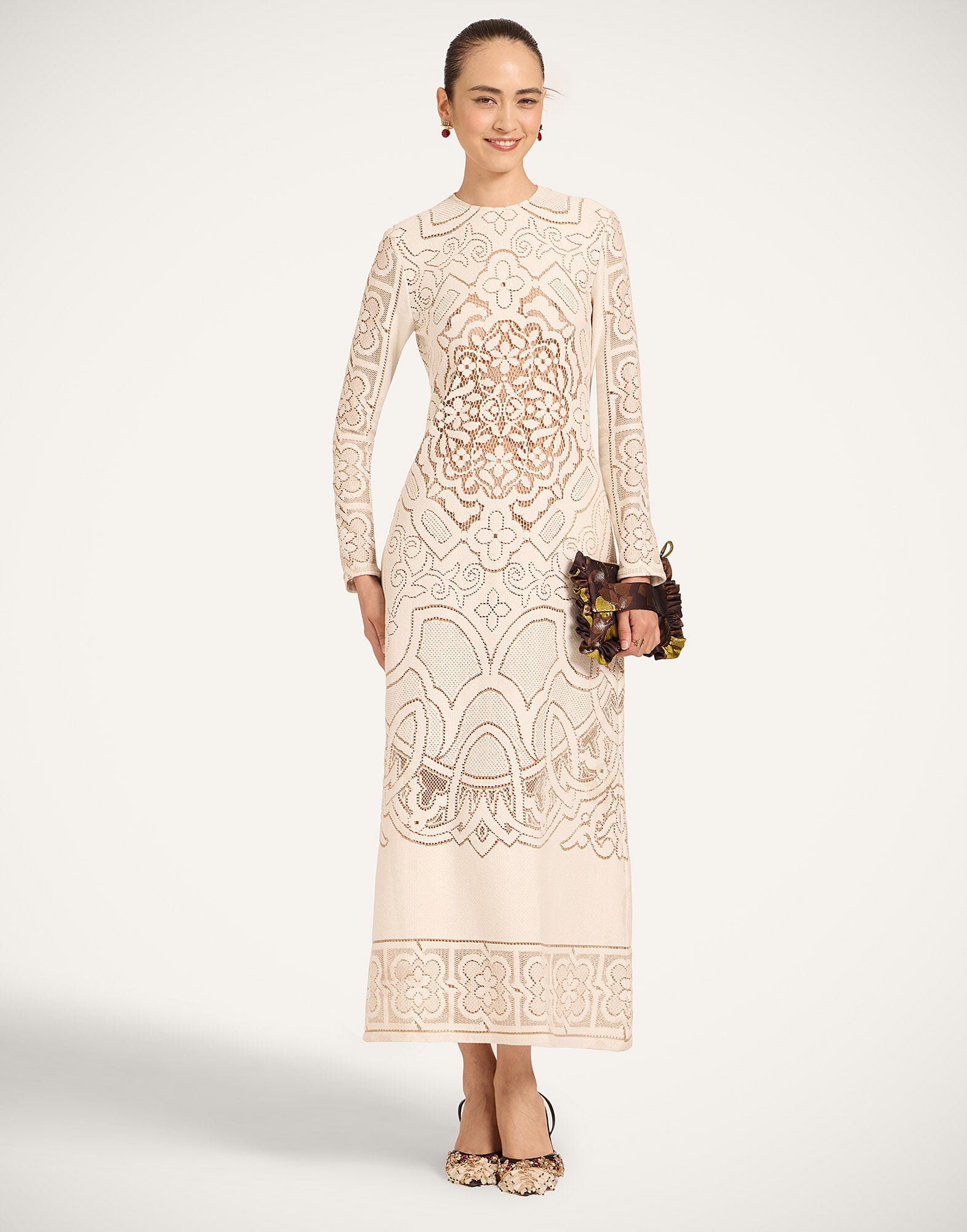 La DoubleJ Lacey Long Sleeve Swing Dress Solid White Smoke DRE0418EMB006WHI0006