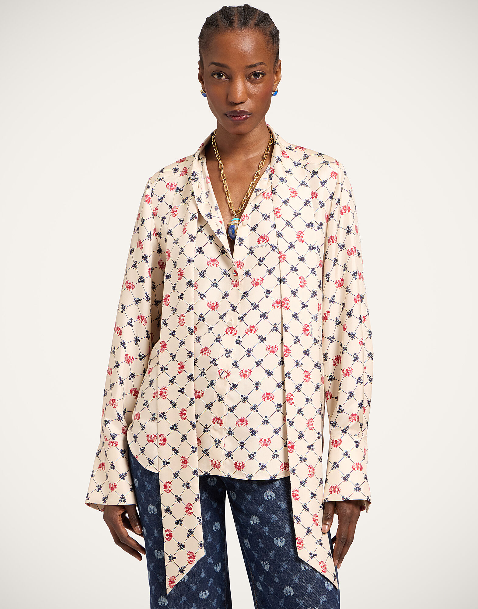 La DoubleJ Ascot Shirt Talismania Check Ecru SHI0155SIL001TAL02BR05