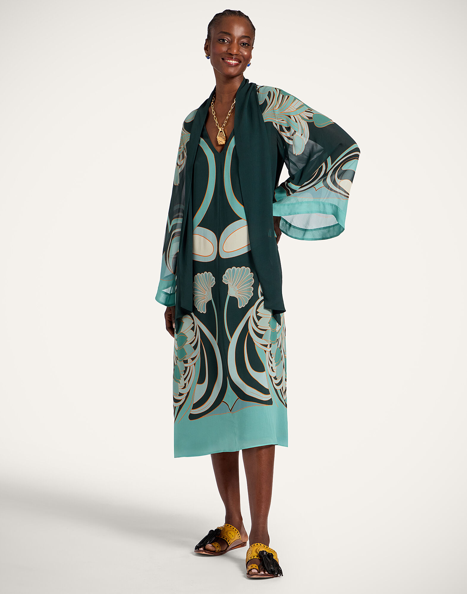 La DoubleJ Magnifico Midi Dress Blooming Tulip Plac&eacute;e Dark Green DRE0788SIL028BTU01GR03