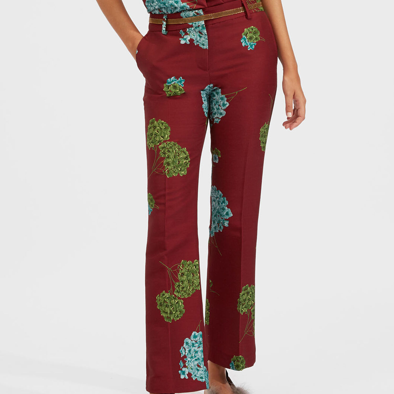La Doublej 247 Floral-print Straight-leg Ankle Pants In Ortensia Bordeaux