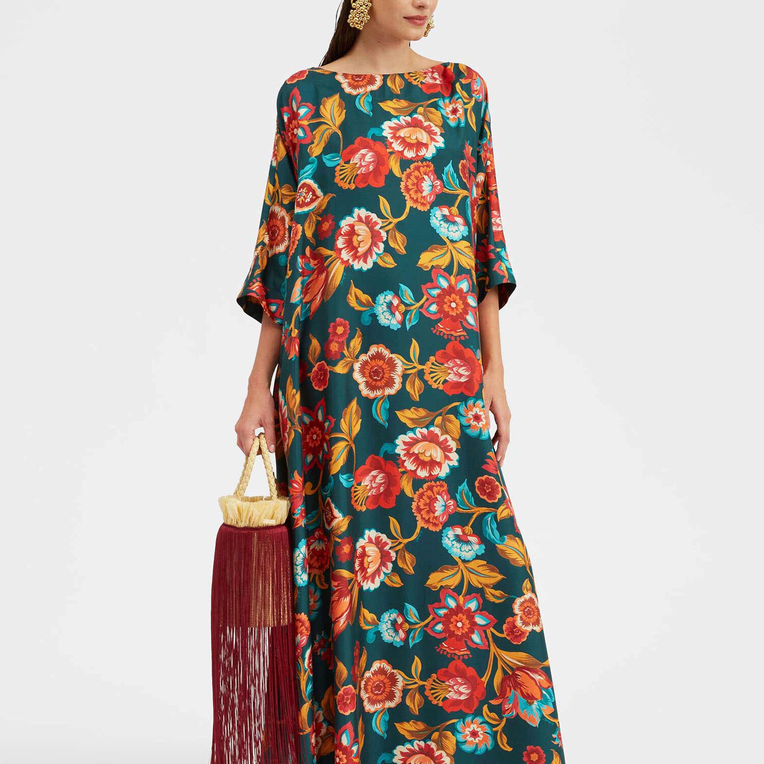 La Doublej Muumuu Floral-print Silk-twill Maxi Dress In Hottie Emerald