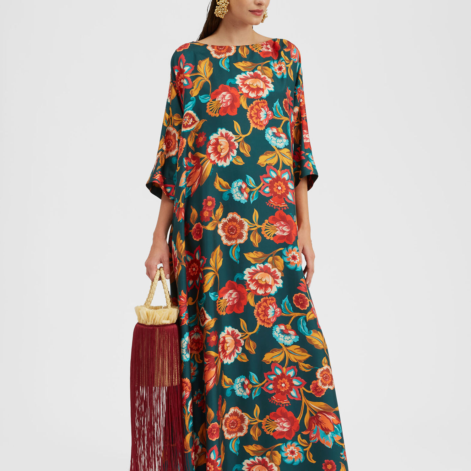La Doublej Muumuu Floral-print Silk-twill Maxi Dress In Hottie Emerald