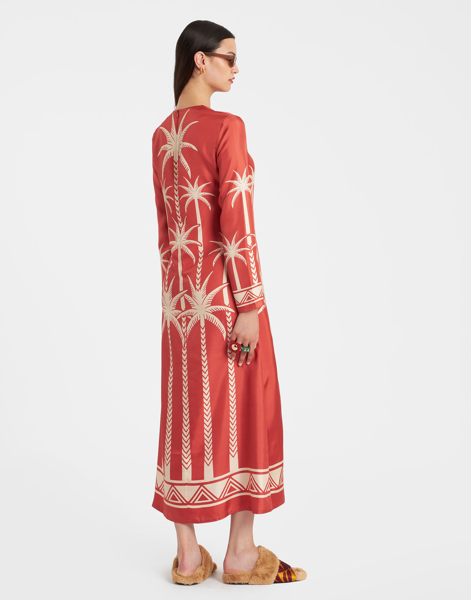 La DoubleJ Long Sleeve Swing Dress Date Palms Plac&eacute;e Red DRE0231SIL006DAT01RE01