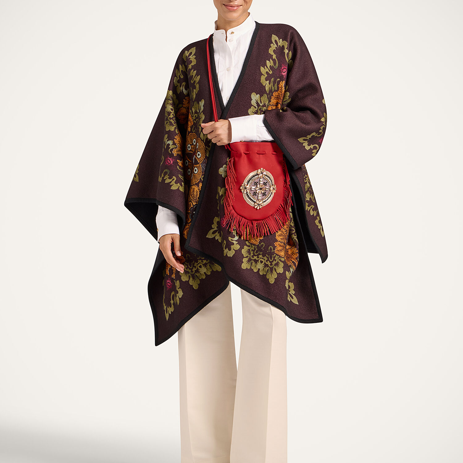 La Doublej Printed Virgin Wool Poncho In Brown