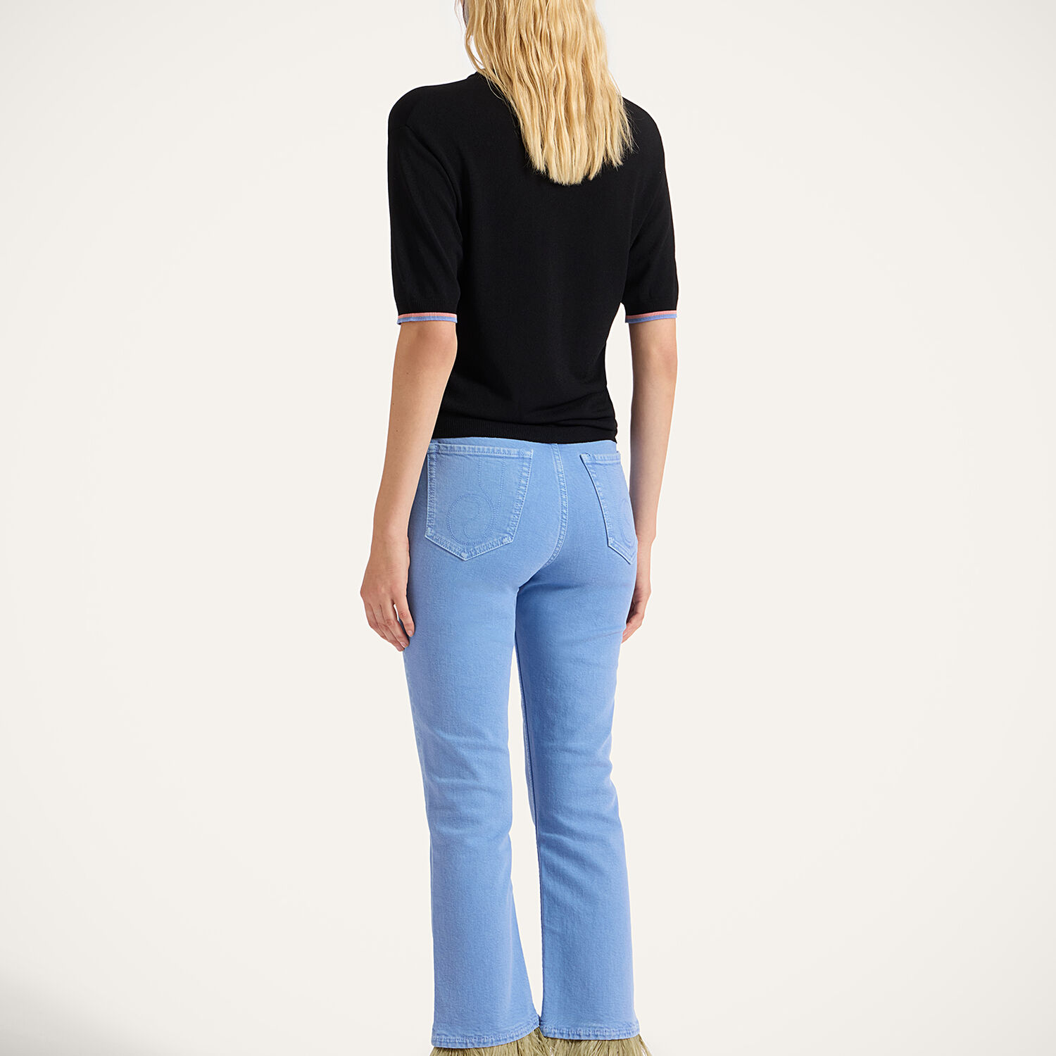 Shop La Doublej Fancy Crop Jeans (with Feathers) In Light Blue