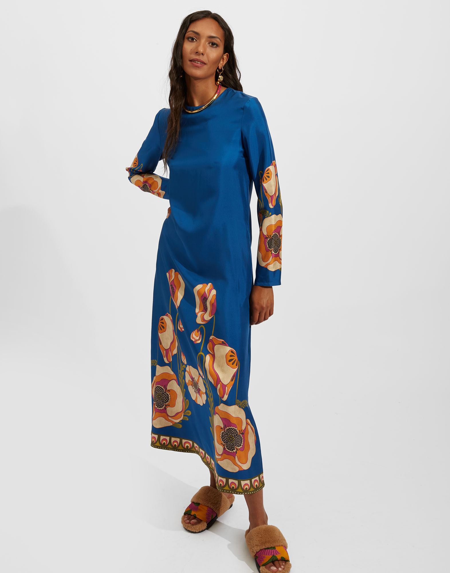 Long Sleeve Swing Dress Plac e in Poppies Blue Plac e for Women