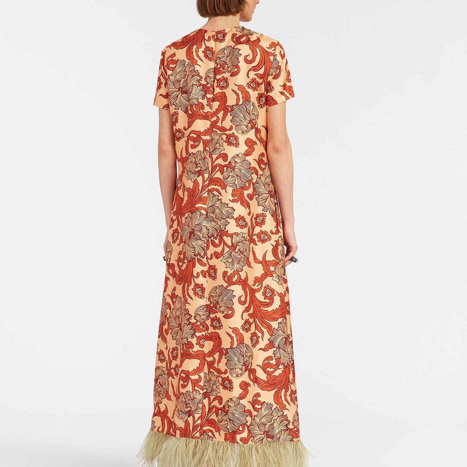 La Doublej Swing Feather-trimmed Printed Silk-twill Maxi Dress In Reef Pale Pink