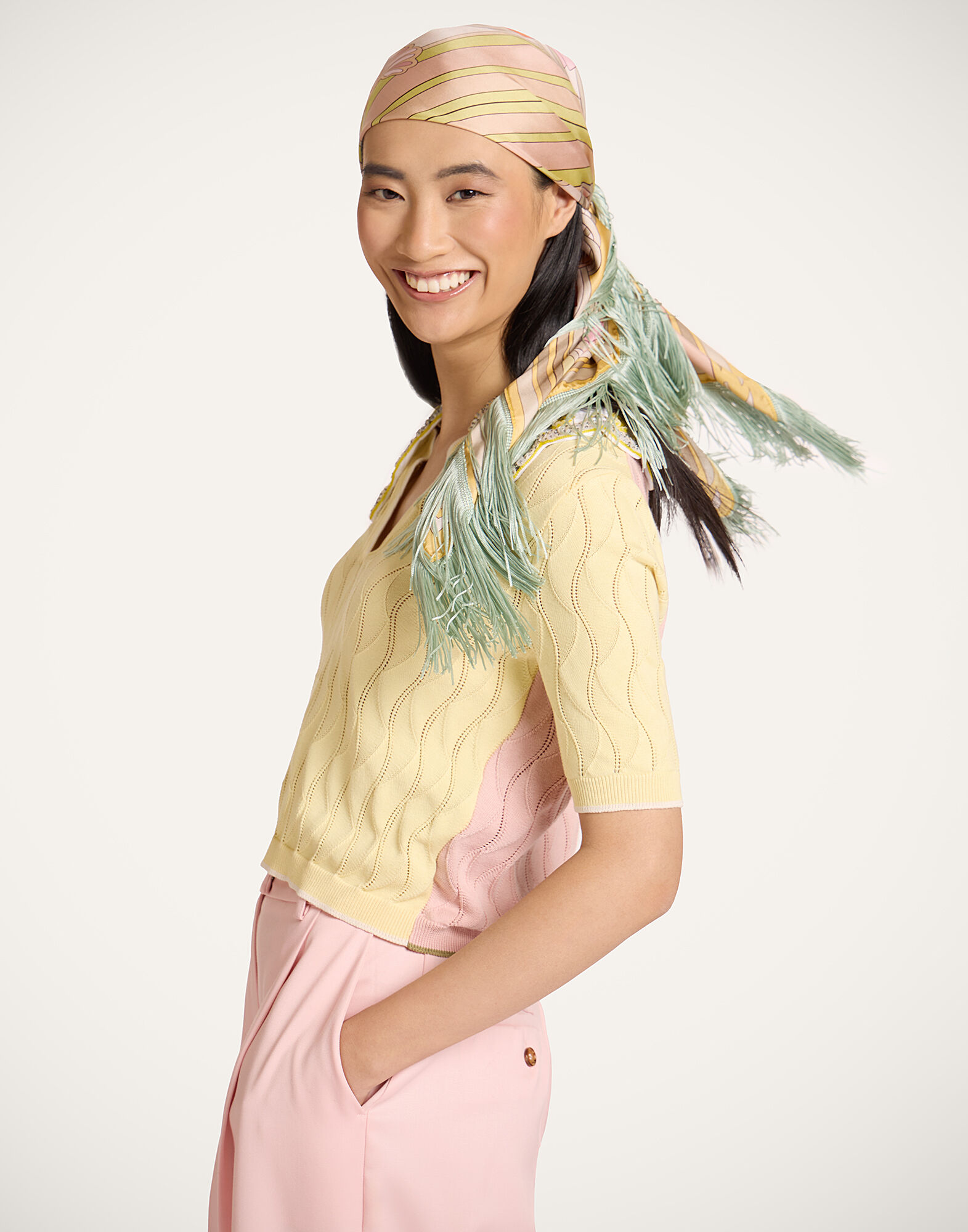 La DoubleJ Reversible Fringe Foulard 90 Tulip Plac&eacute;e Green SCA0073SIL006TUL08GR02