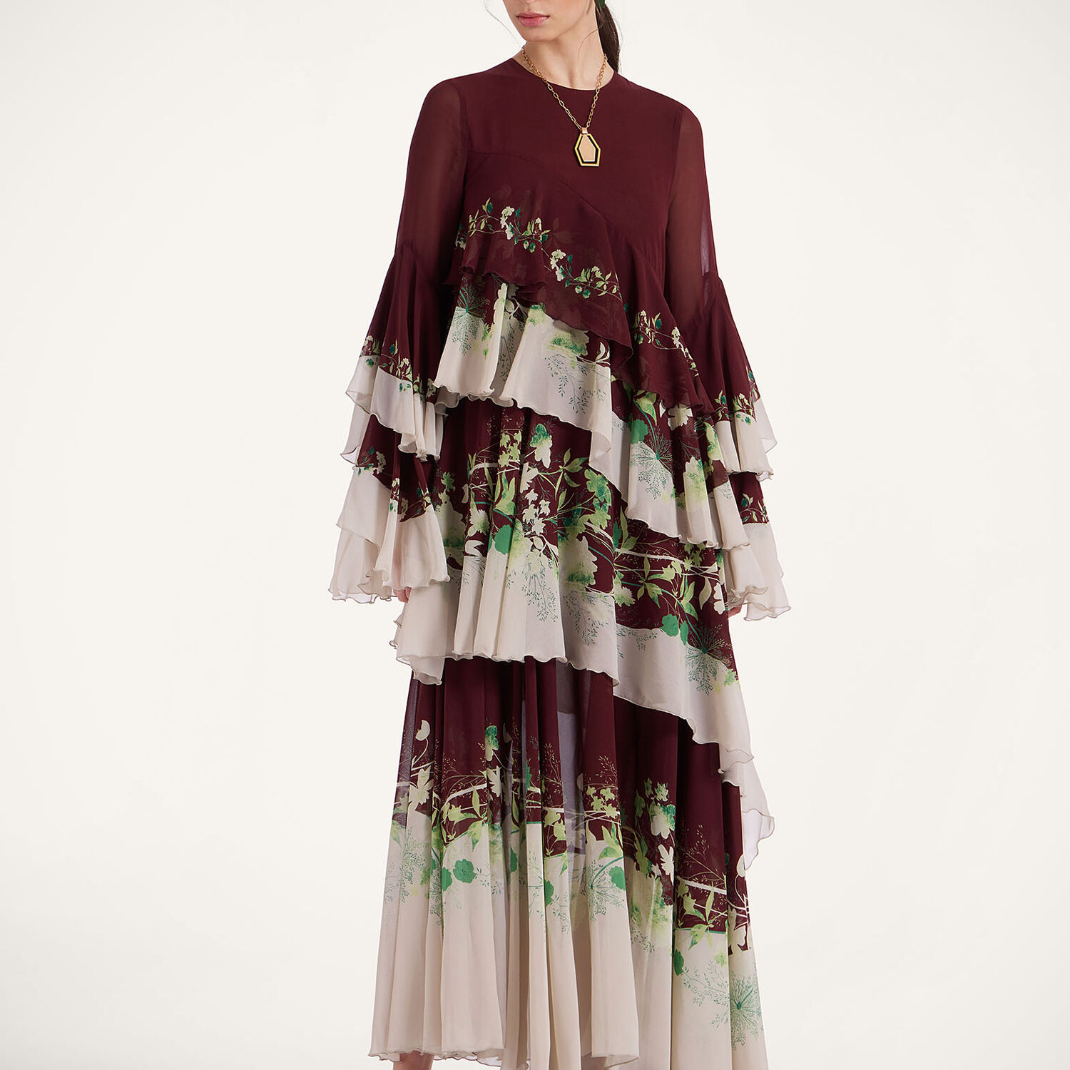 La Doublej Naiad Floral Tiered Long Cascading Dress In Woodland Placée Burgundy