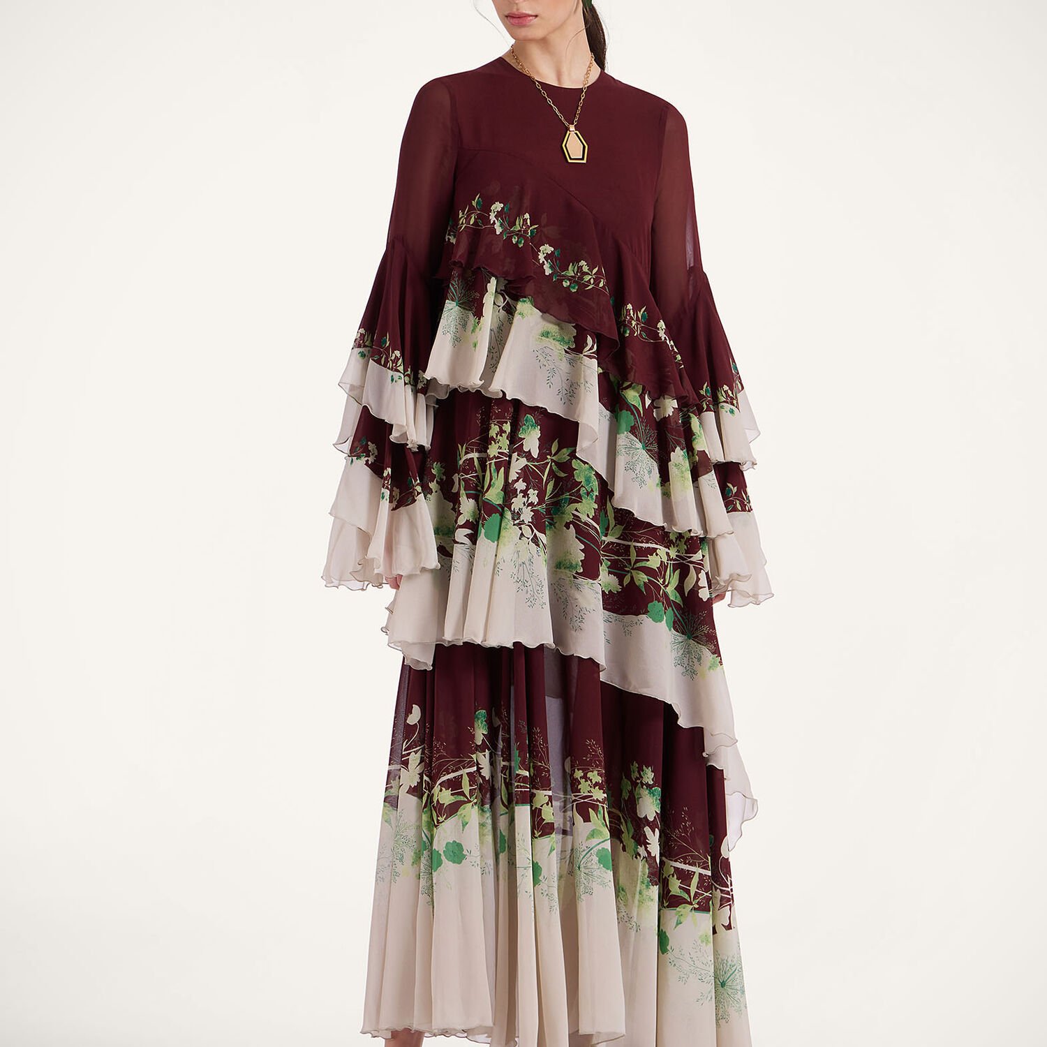 La Doublej Naiad Floral Tiered Long Cascading Dress In Woodland Placée Burgundy
