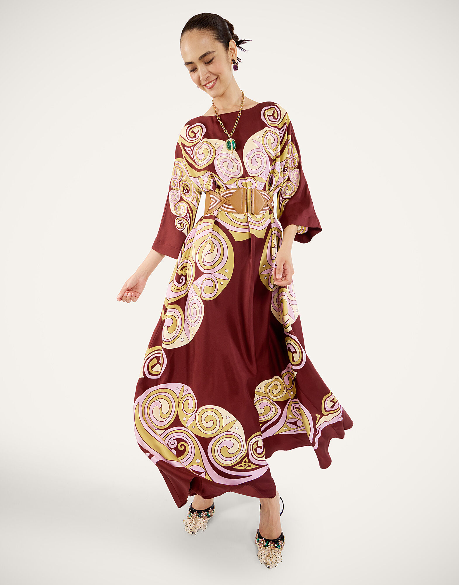 La DoubleJ Muumuu Dress Round Neck Kells Swirl Plac&eacute;e Burgundy DRE0574SIL006KLS01RE07