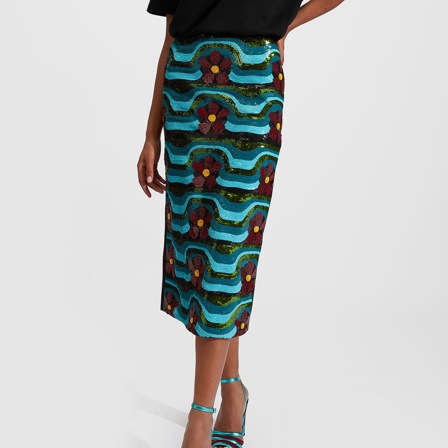 La Doublej Wavy Floral Sequin Embroidered Midi Pencil Skirt In T. Unita Nero