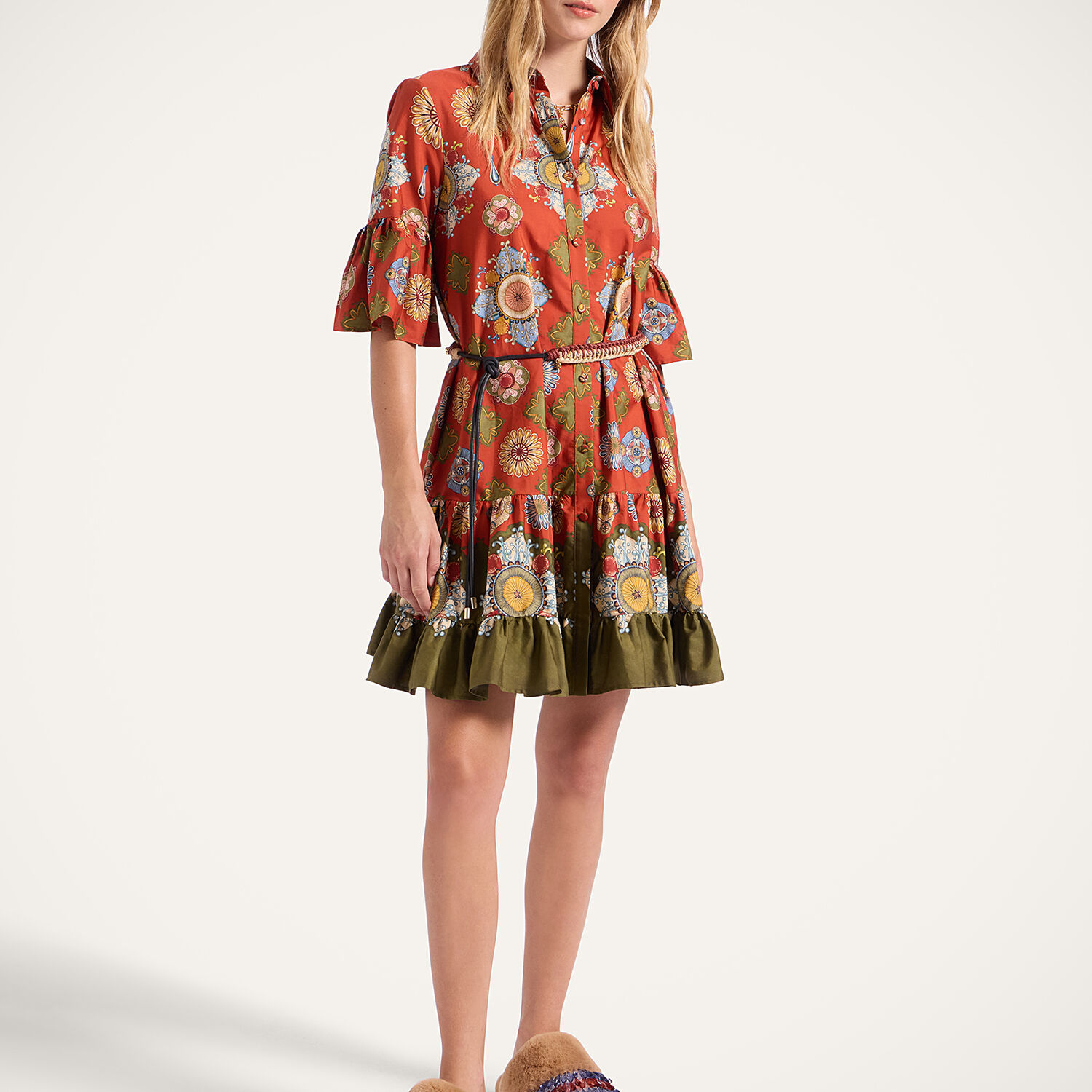 La Doublej Floral-print Ruffled Dress In Brown