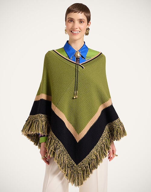 La DoubleJ Dreamcatcher Poncho Color Block Green & Brown SCA0089KNI180VA424BR02
