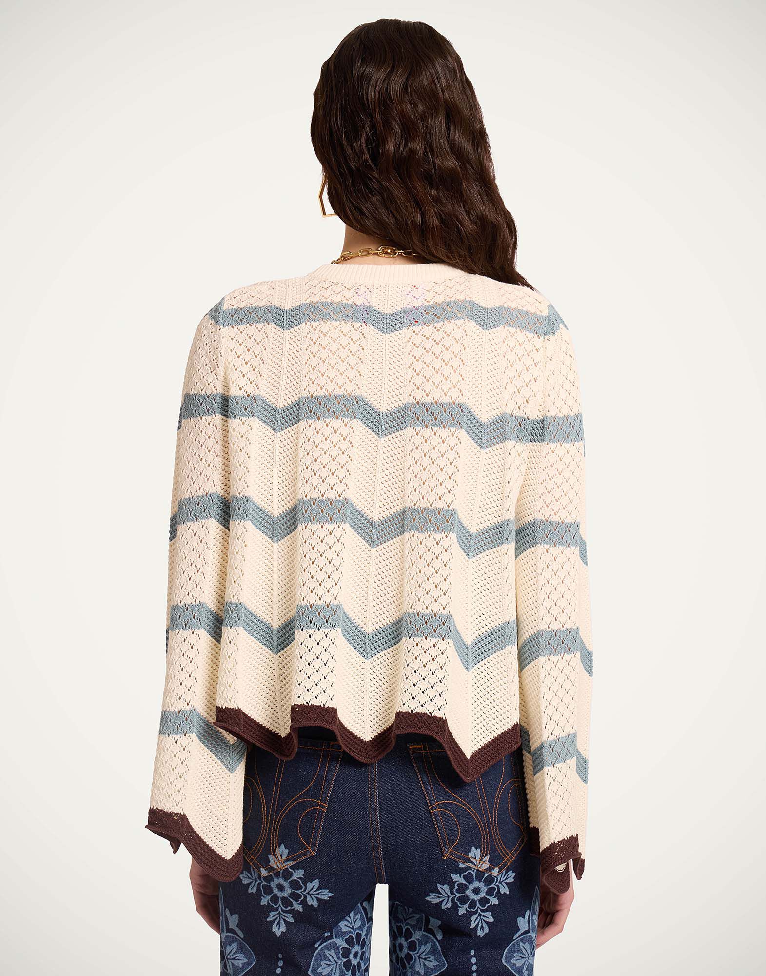 La DoubleJ Chevron Crop Sweater Color Block Ivory & Blue PUL0146KNI084VA506BU03