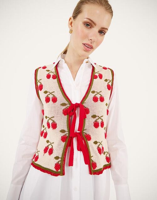 La DoubleJ Cherry Gilet Multicolor Ecru & Red PUL0357KNI204VA482BR05