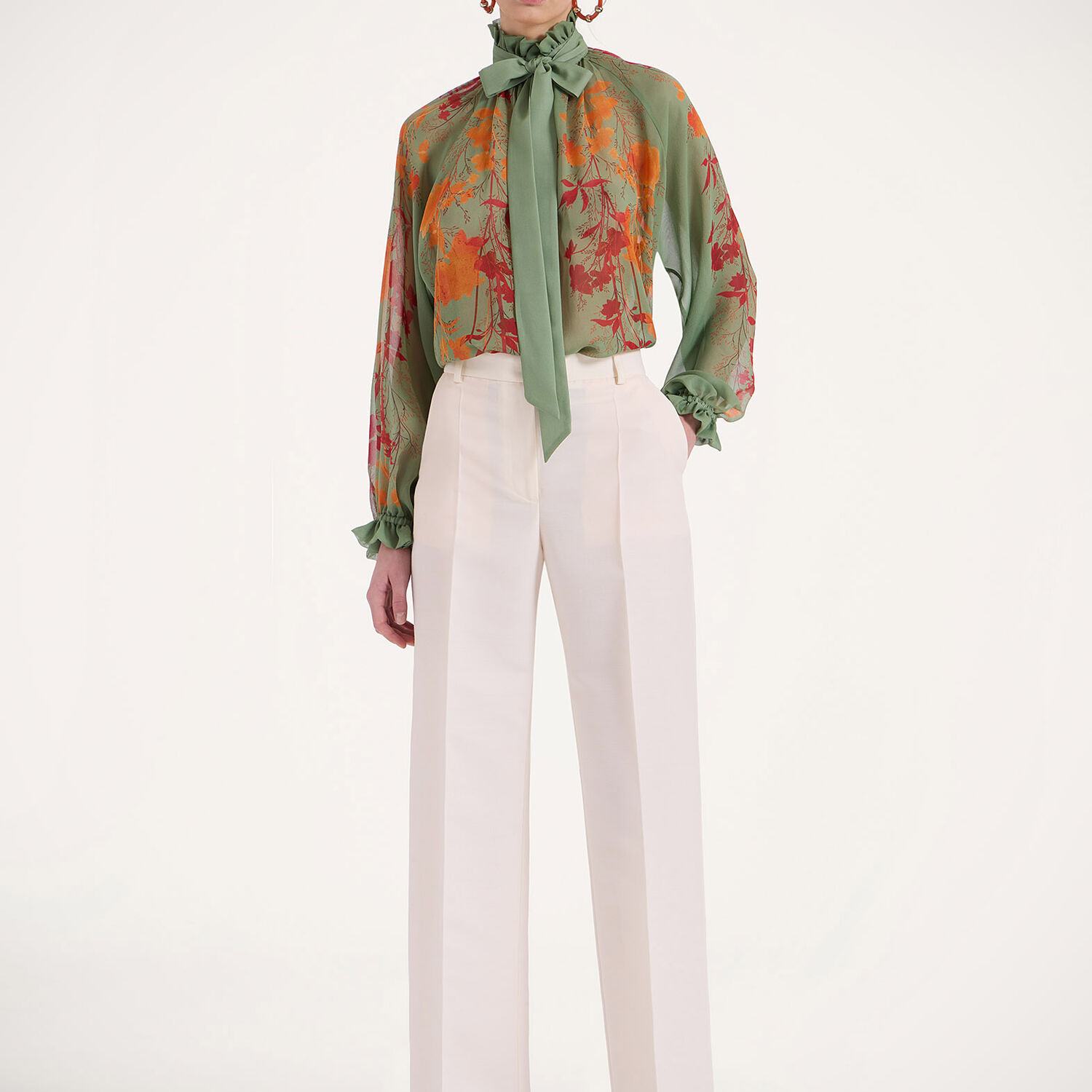La Doublej La Double J High-neck Silk Shirt With Floral Print In Woodland Placée Camouflage