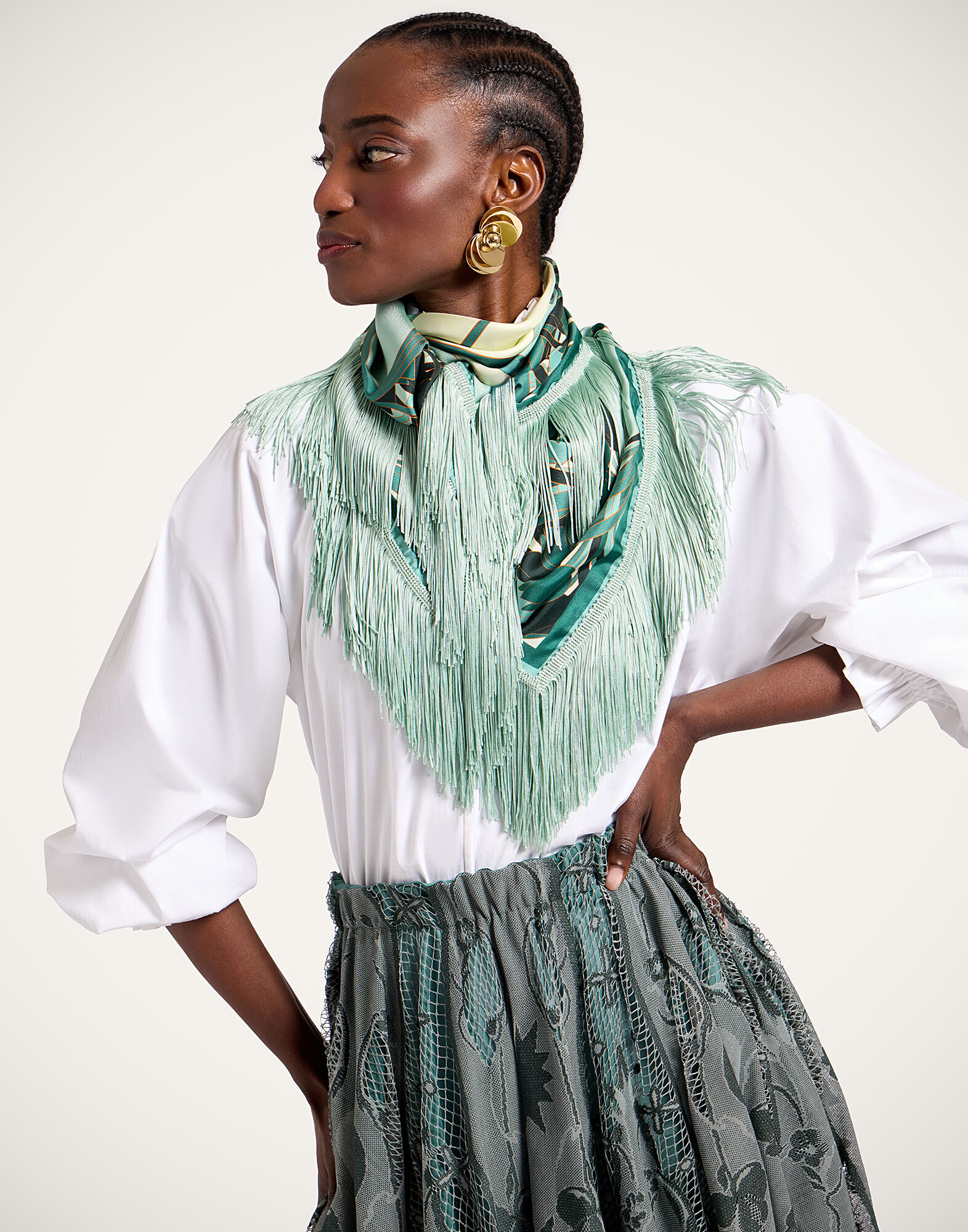 La DoubleJ Reversible Fringe Foulard 90 Blooming Tulip Plac&eacute;e Mint SCA0073SIL006BTU01GR11