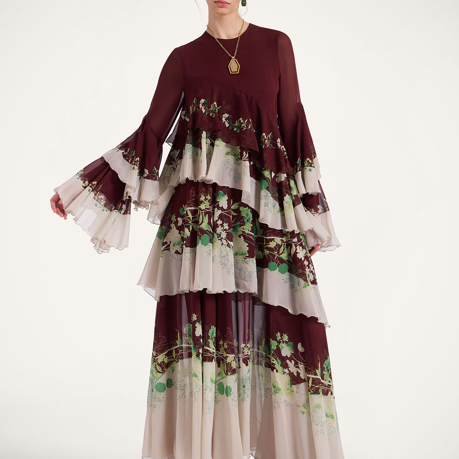 La Doublej Naiad Floral Tiered Long Cascading Dress In Woodland Placée Burgundy
